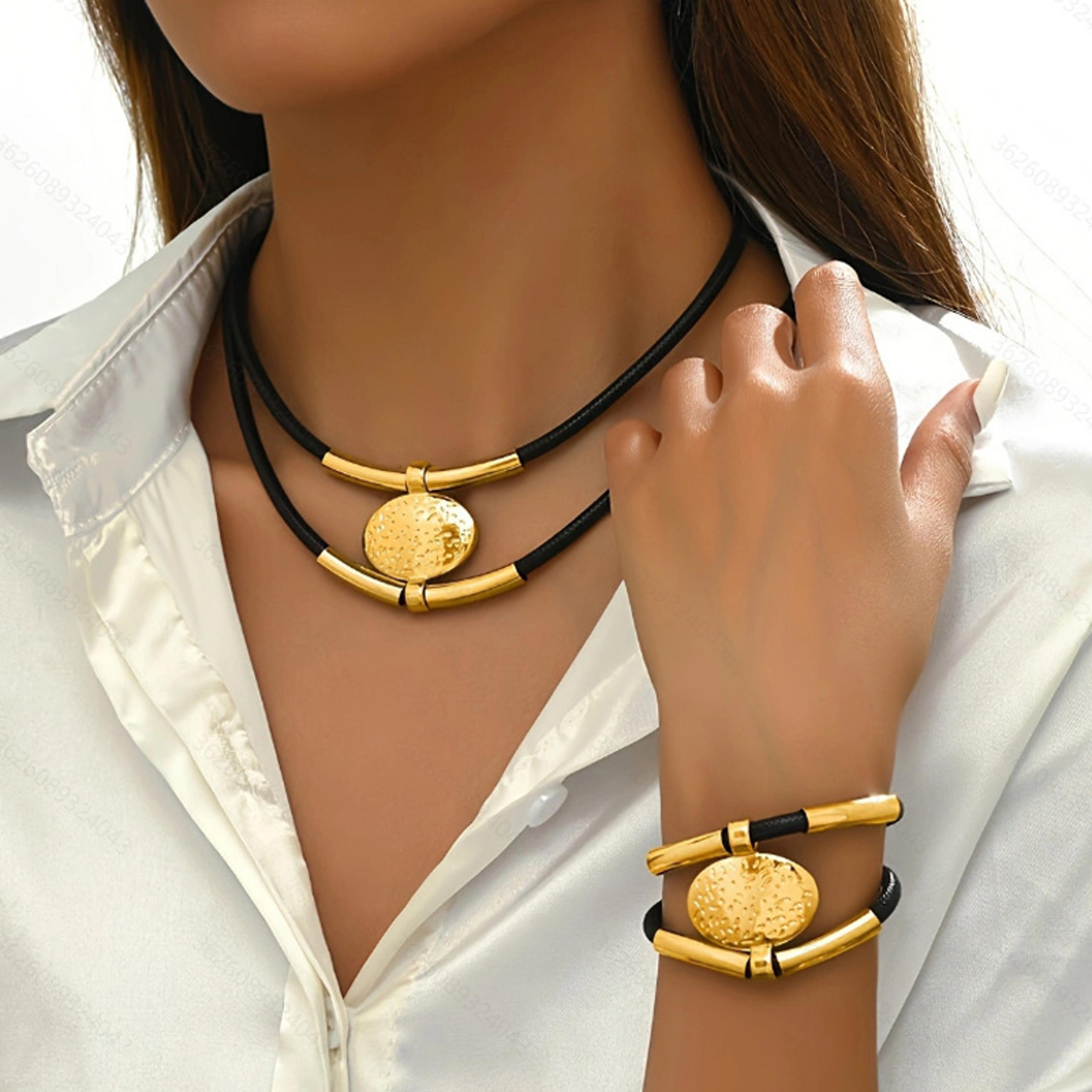 oval metal necklace & bracelet with faux leather double layered chain, elegant & adjustable