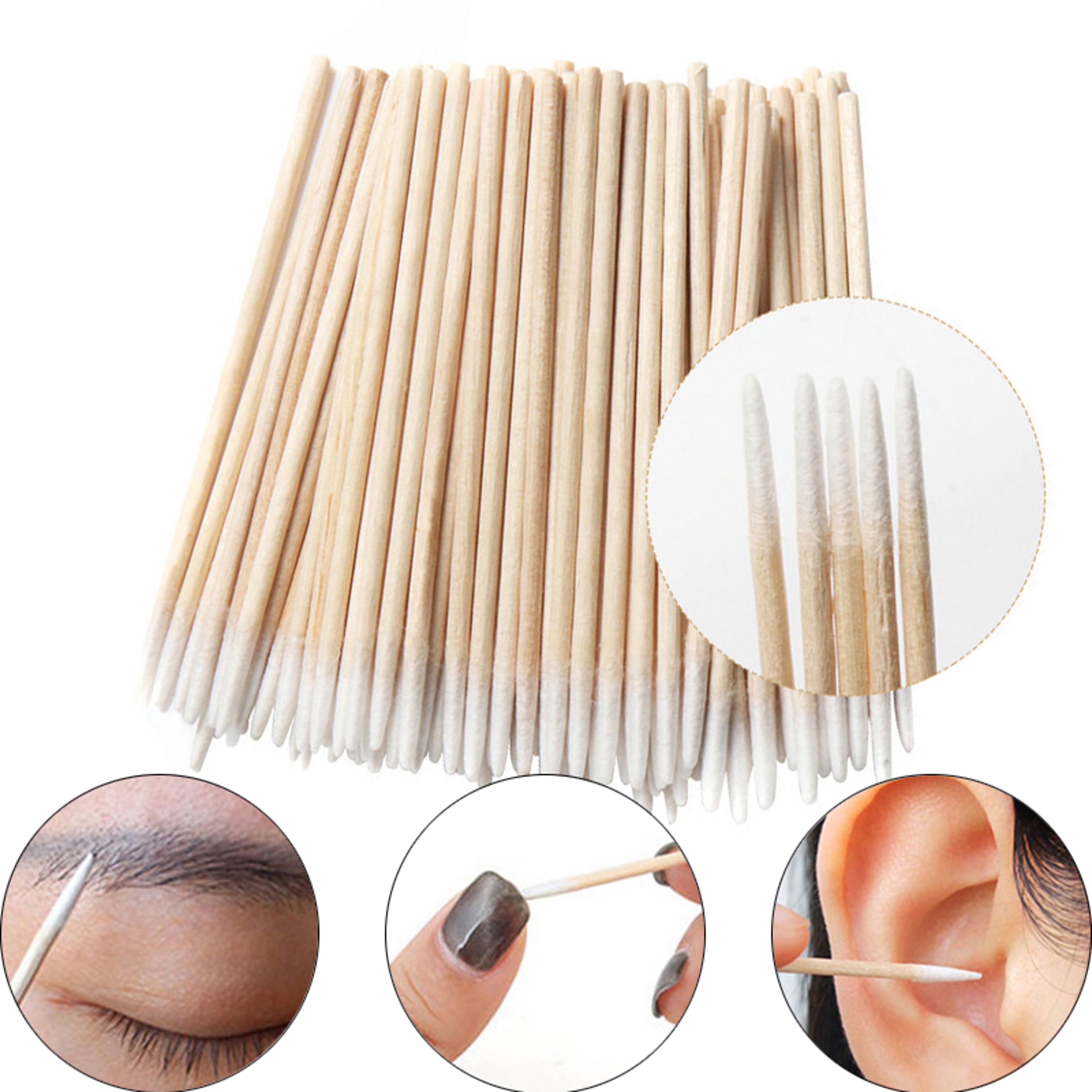 wood cotton swab clean sticks for nails art, cuticle pusher head manicure corrector, nail polish remover tools