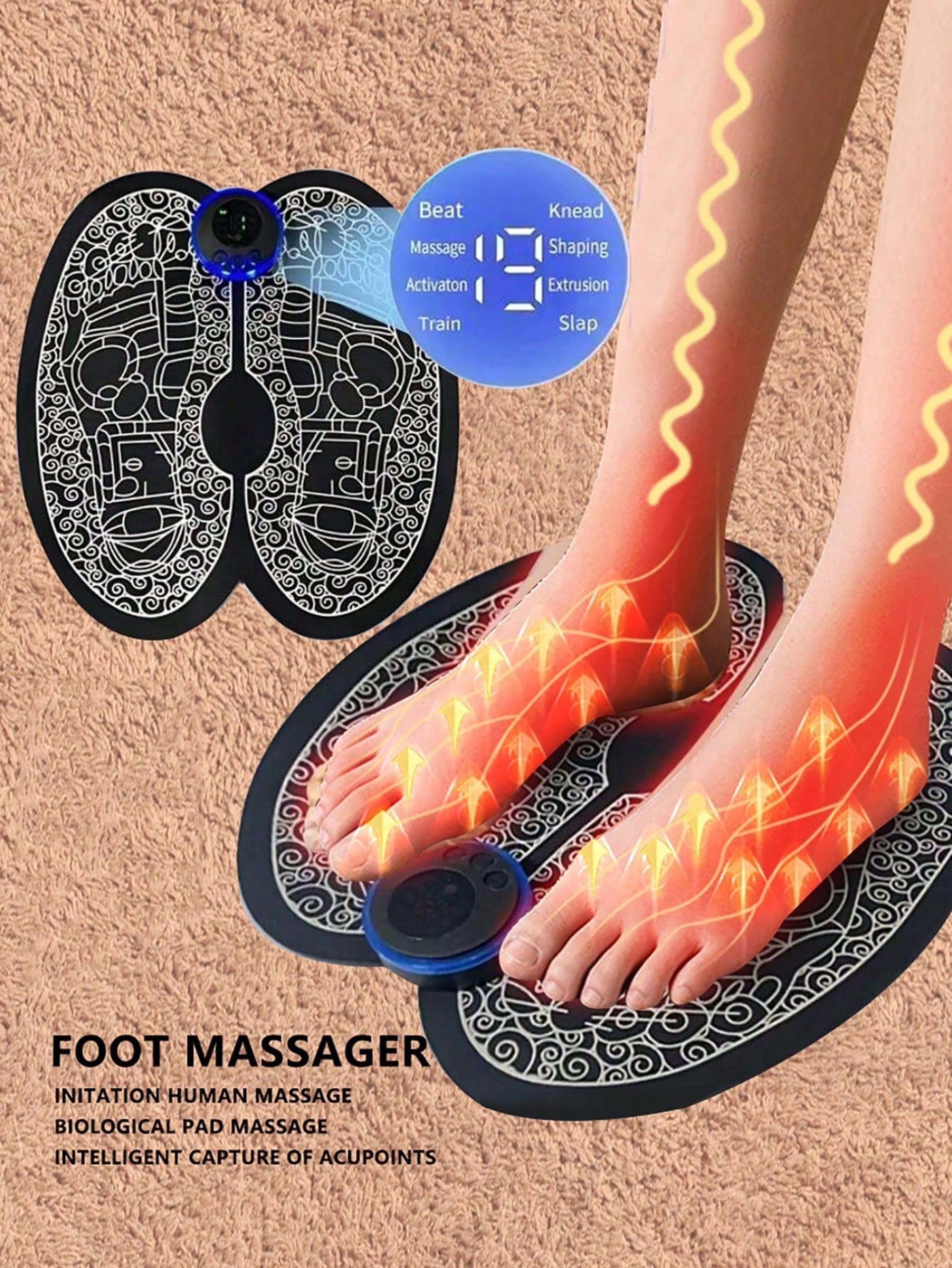 electric rechargeable foot massager, improves circulation, relaxes muscles