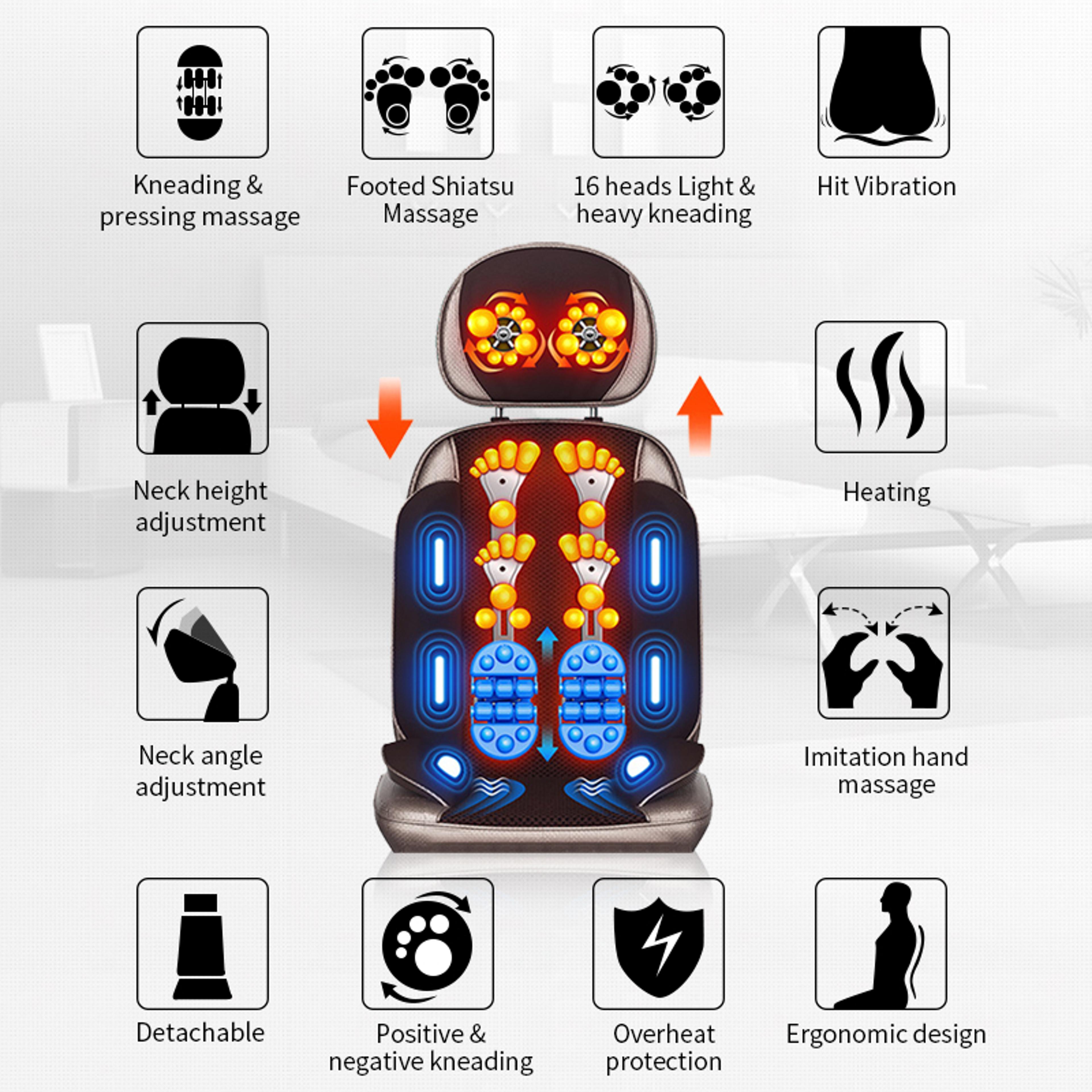 body cushion massage chair, vibrating electric cervical neck back, heated remote control pad muscle stimulator