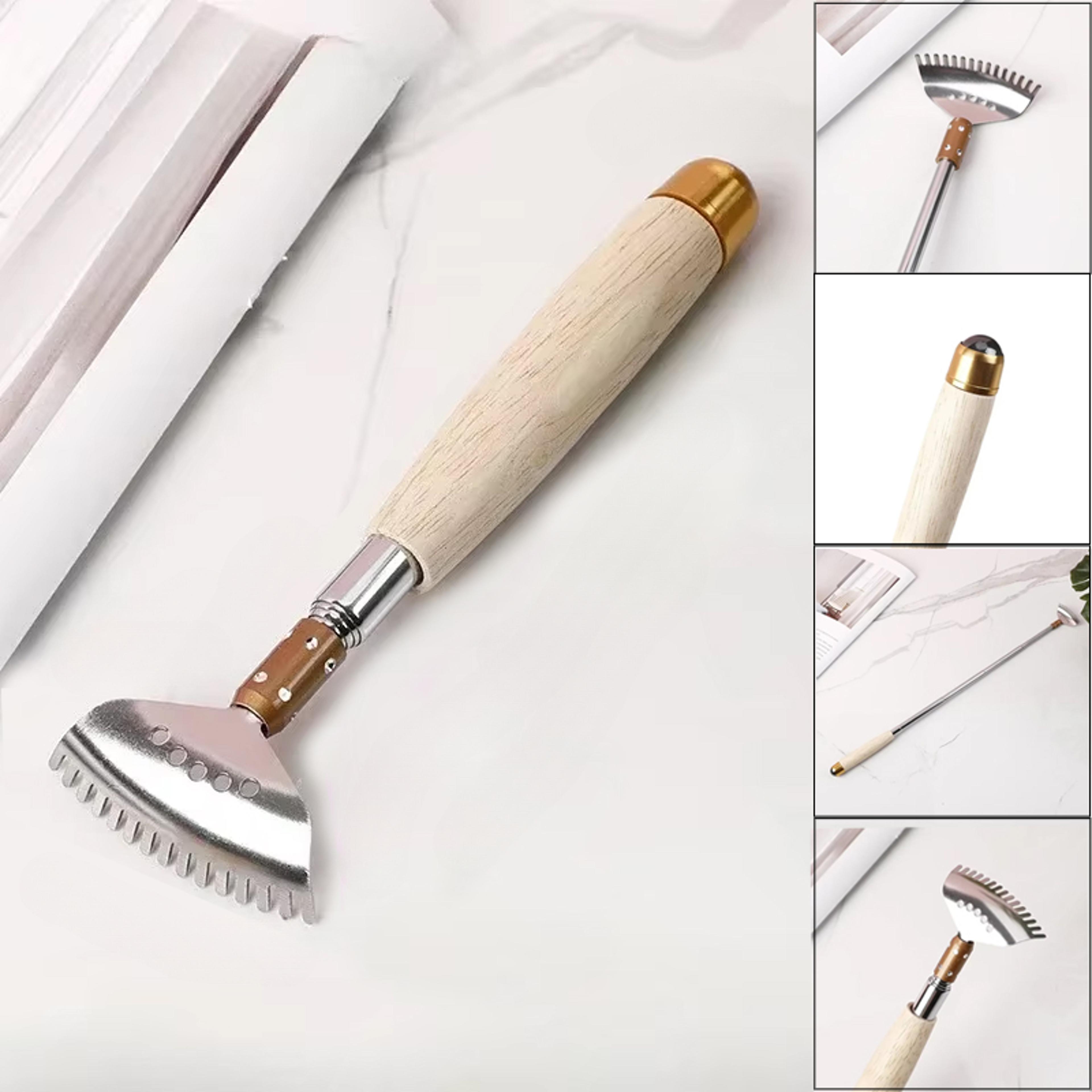 wooden handle telescopic metal back scratcher, wide claw steel roller ball massager tool, scalp face body itch relief