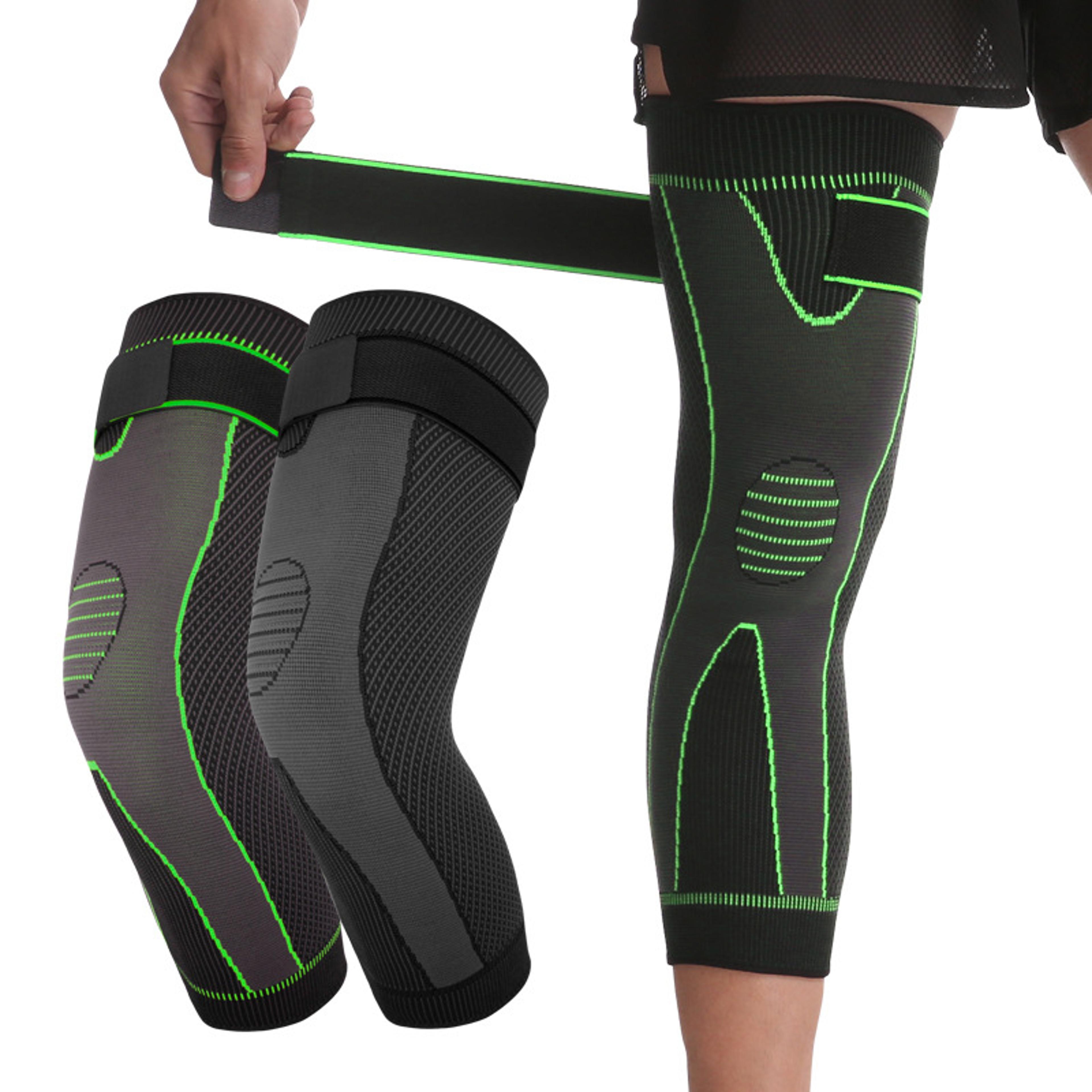 long compression knee pads, elastic stripe sleeve, sport brace support, warm kneepad protector, volleyball running gear