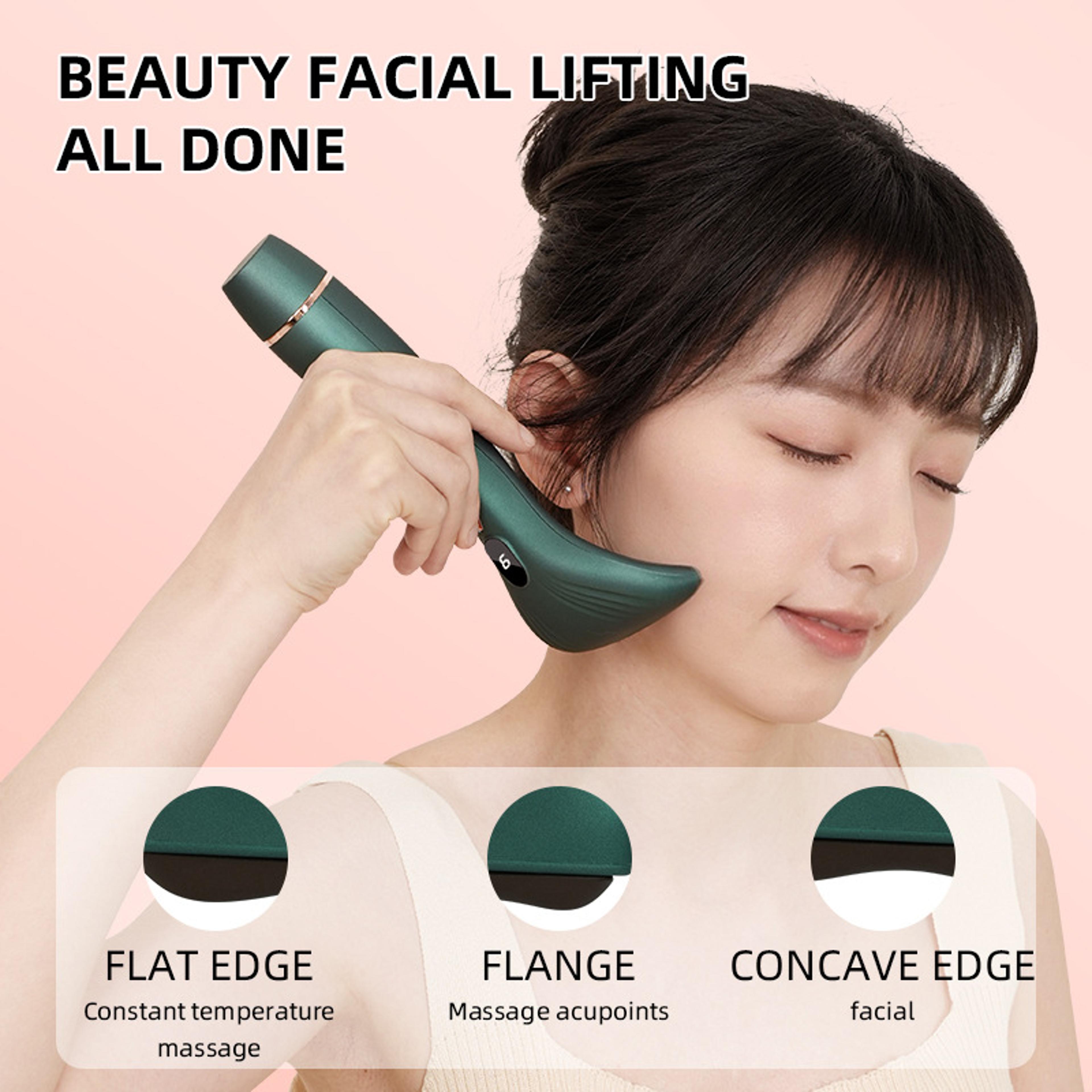 heated vibrating massage gua sha stone, electric facial tool bianstone, face chin neck sculpting, anti aging beauty