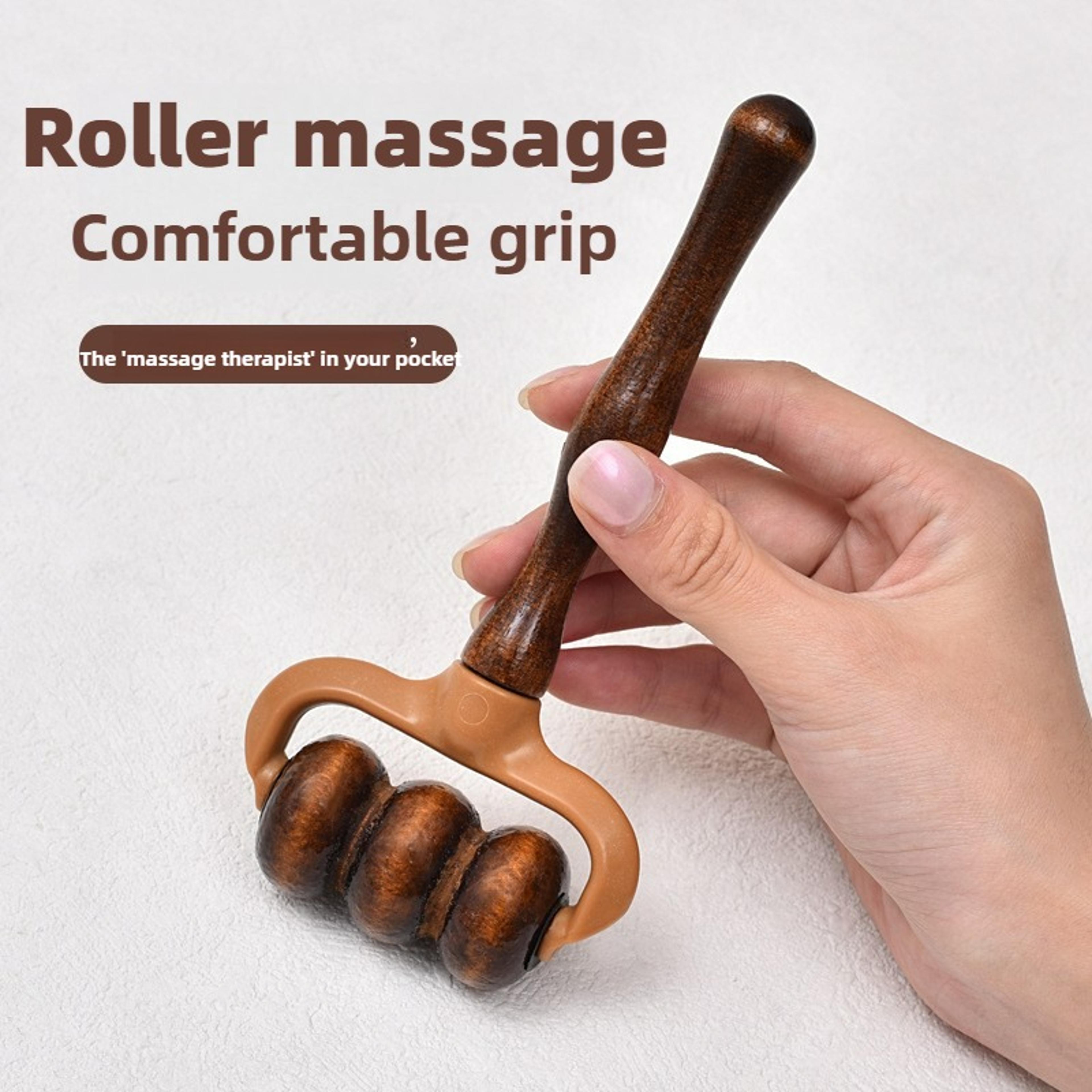 handheld wooden massage roller, muscle relief for neck, shoulders, head, promotes circulation, ideal for home and office