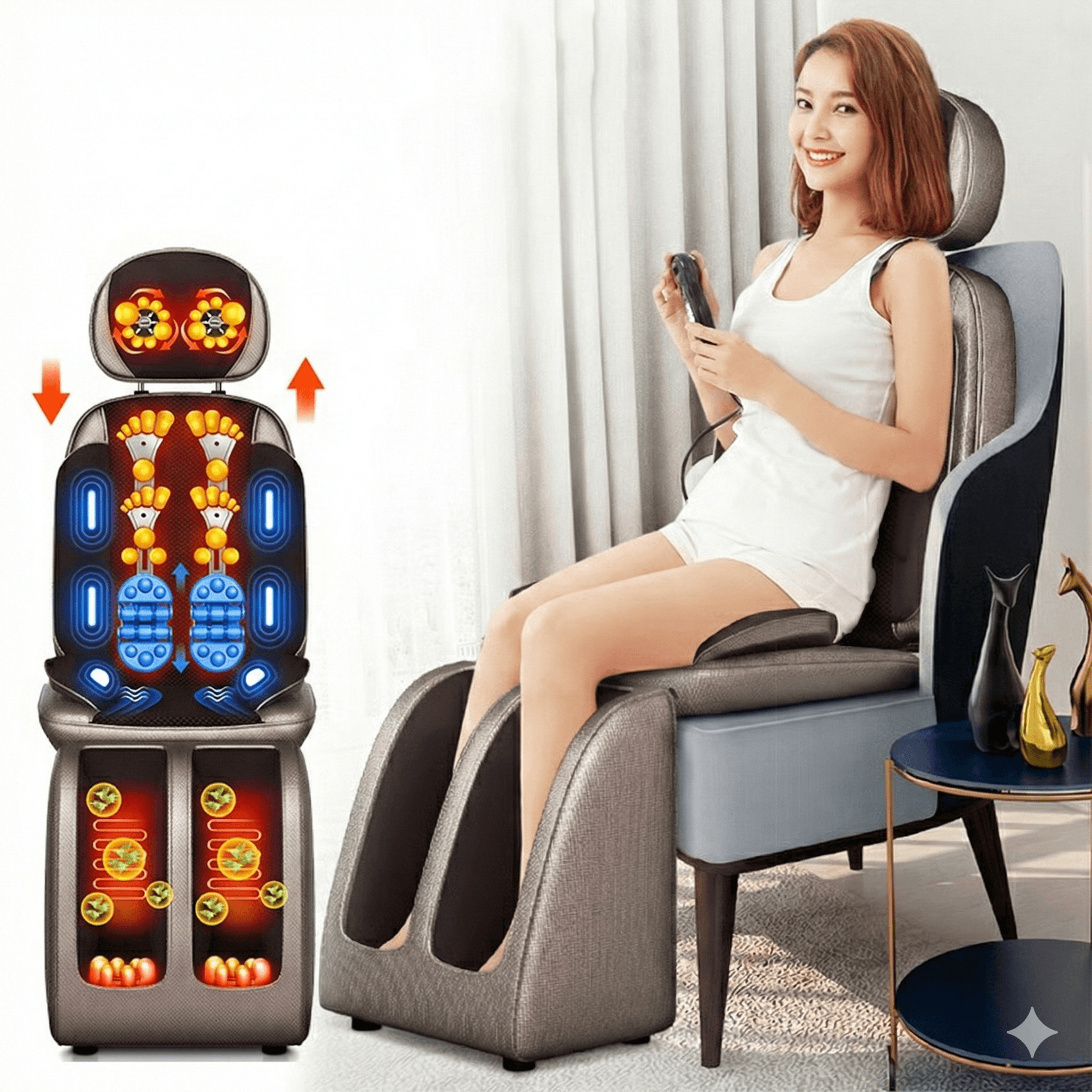 electric full body massage chair, shiatsu cushion seat, neck back waist leg, infrared heating, vibration relaxation