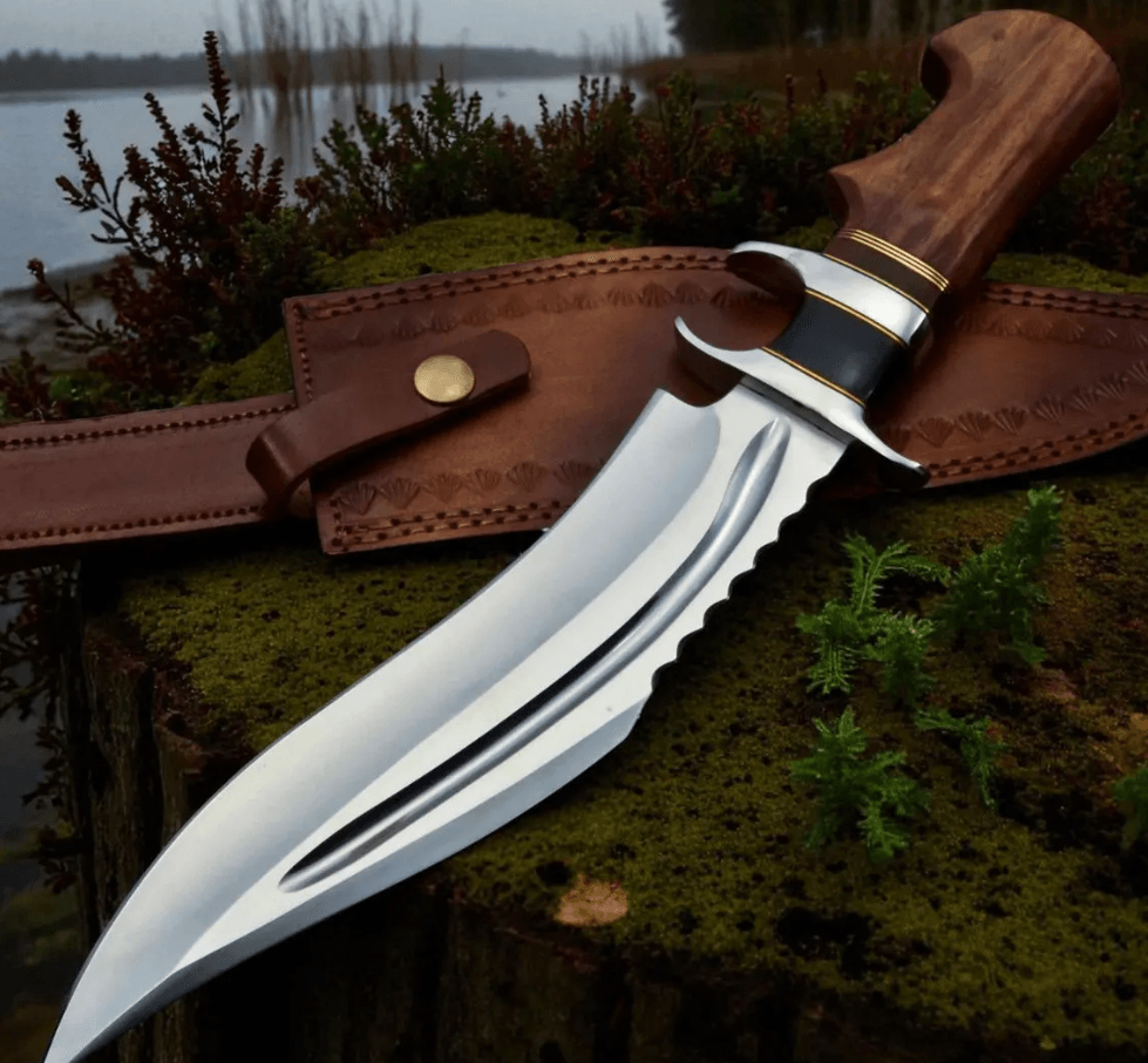 handmade 15" stag handle hunting knife | high carbon steel | hammer-forged blade