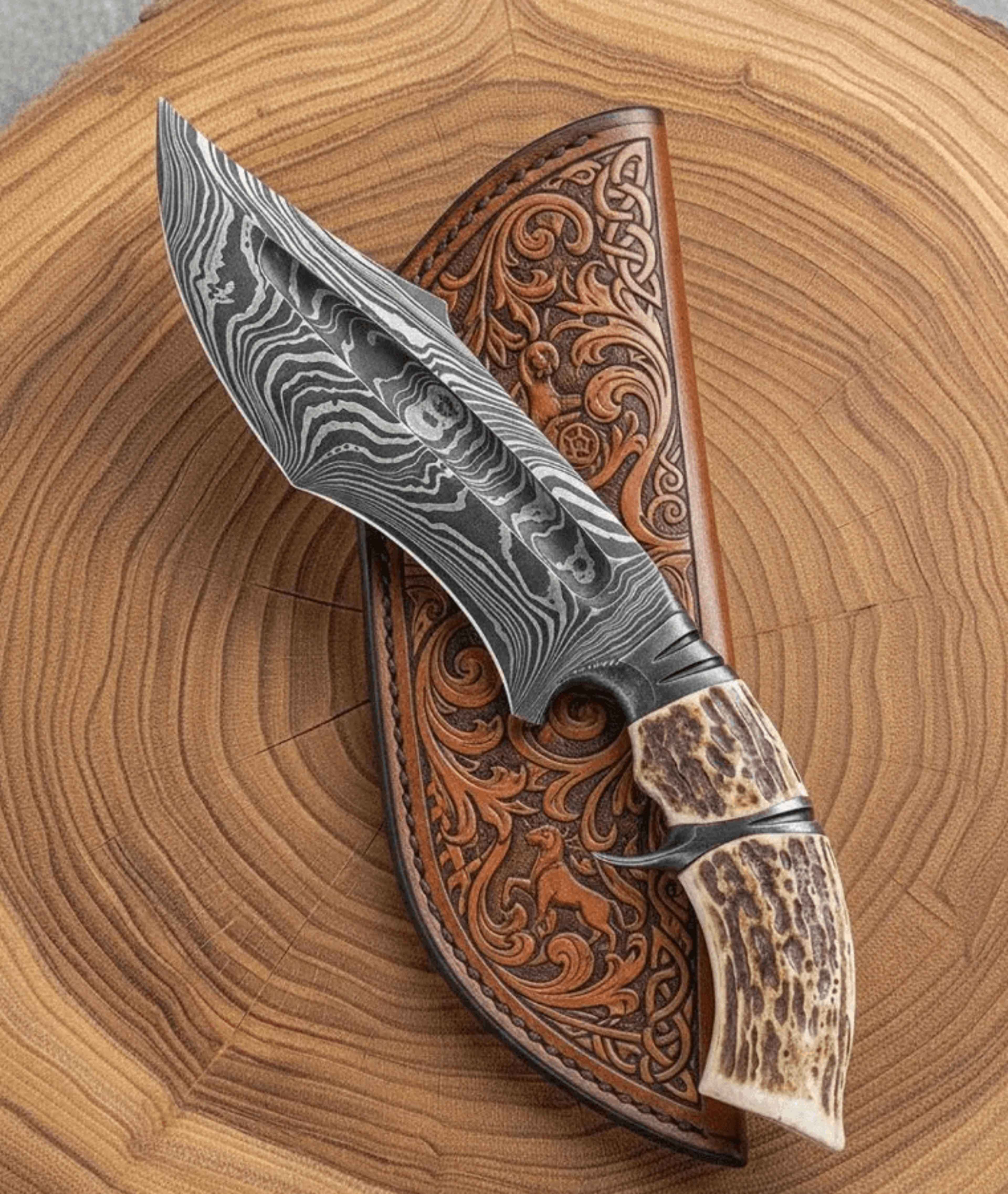 10 inch damascus hunting bowie knife | genuine stag antler handle | full tang outdoor survival knife with leather sheath