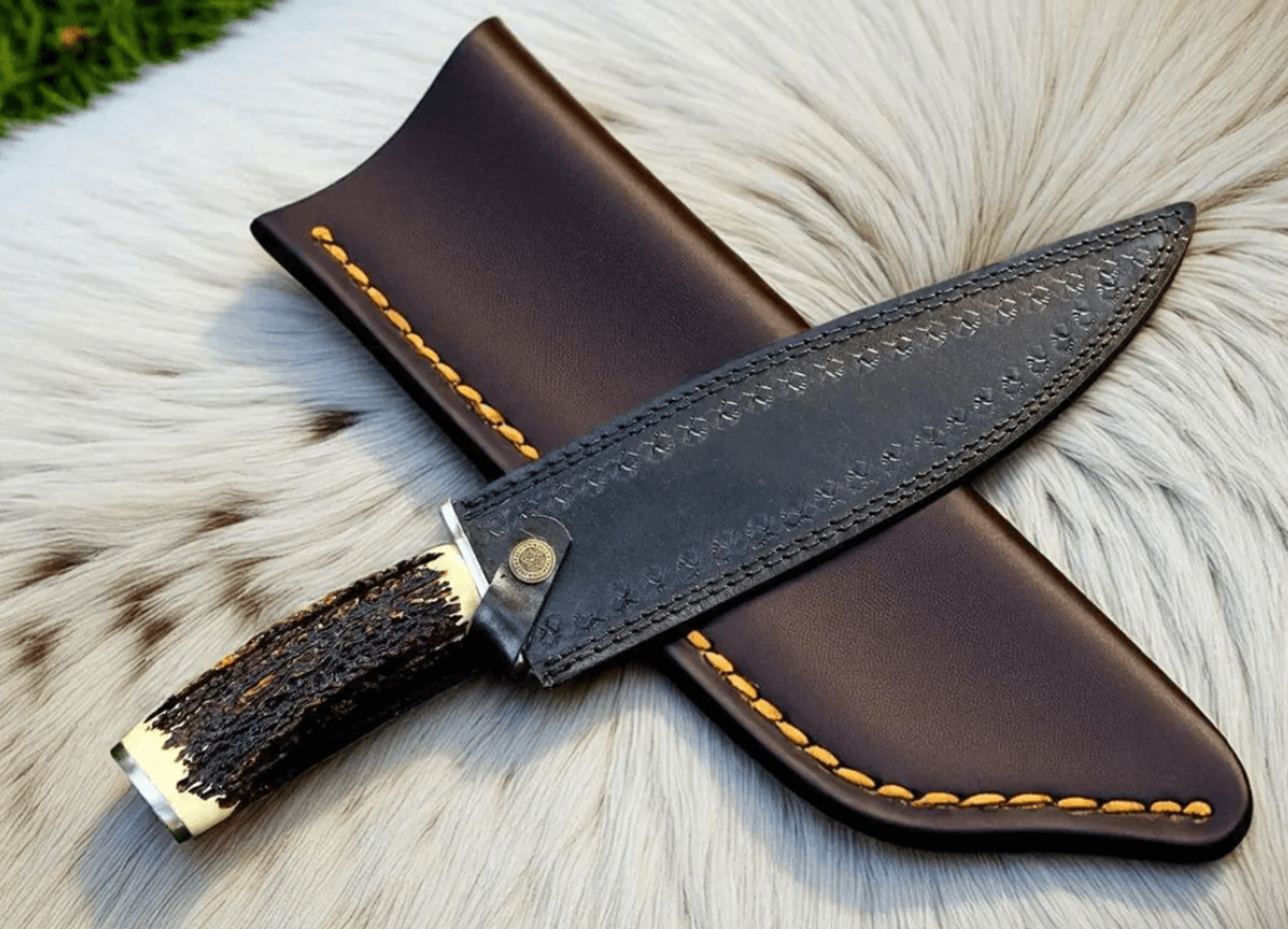 handmade d2 steel bowie knife | stag horn handle & brass guard | leather sheath | full tang knife