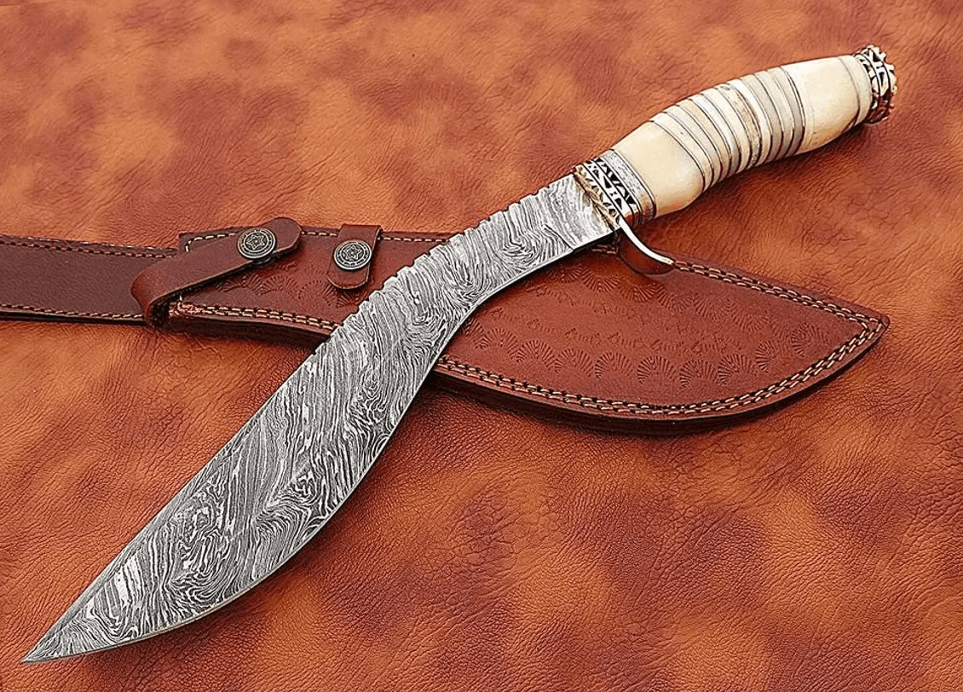 kukri bowie knife | order vintage hunting blade | shop camel bone handle knife | leather sheath outdoor knife