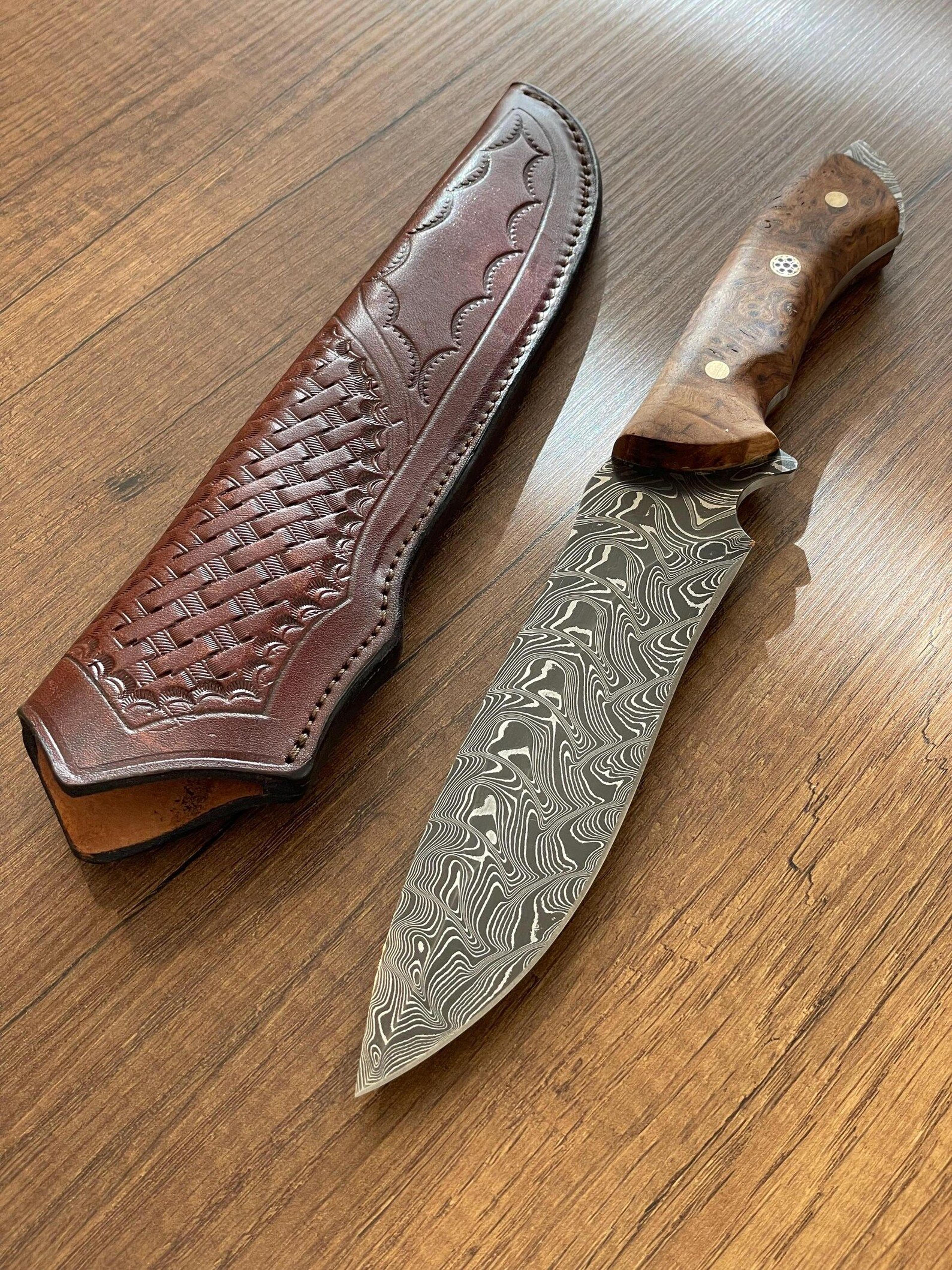 damascus bushcraft hunting knife with chestnut wood handle & leather sheath