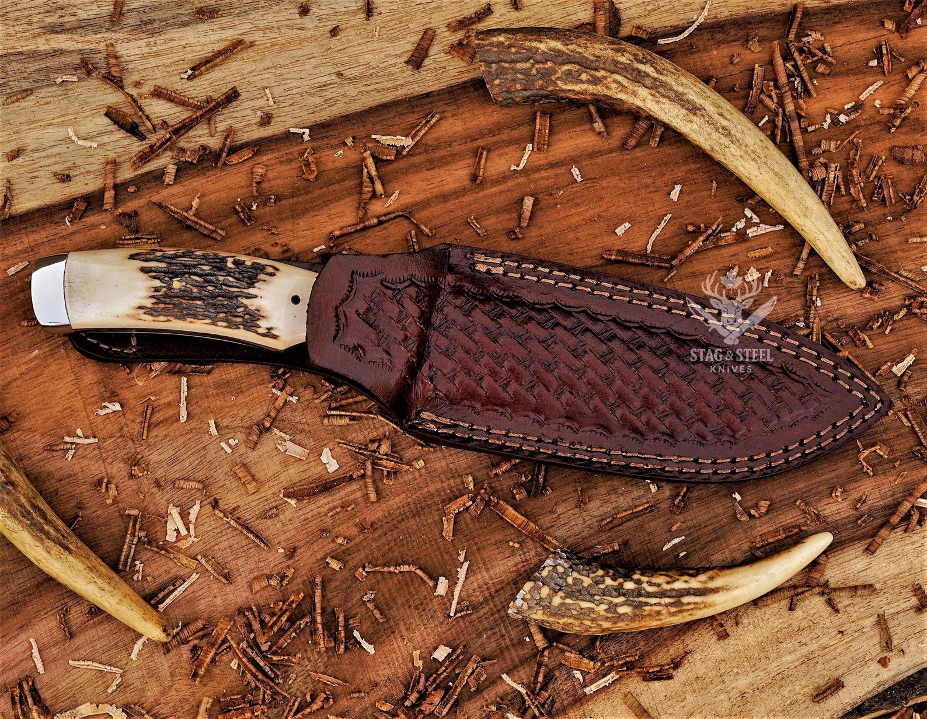 classic handmade hunting knife with leather sheath & d2 blade