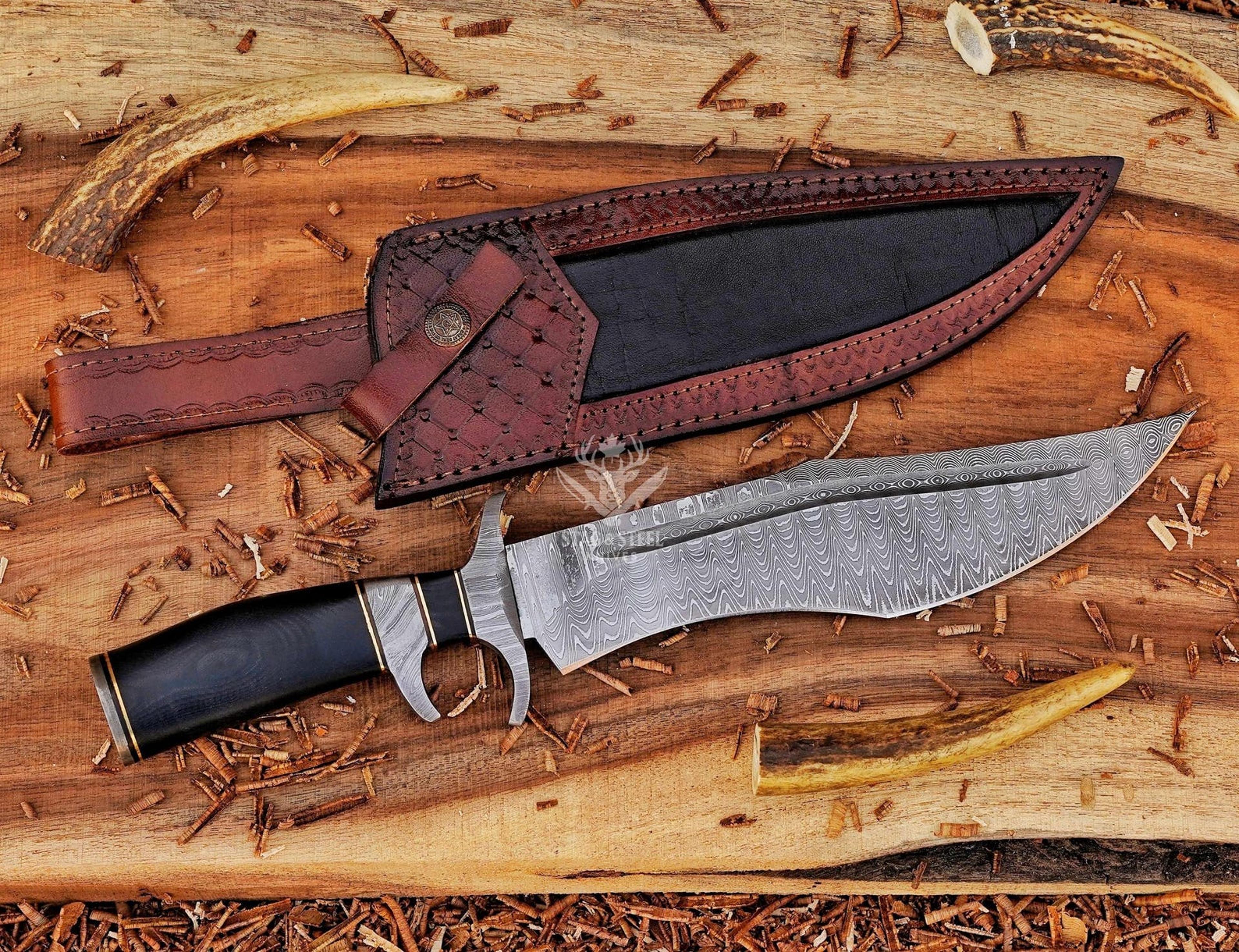 premium damascus bowie knife with micarta handle & leather sheath