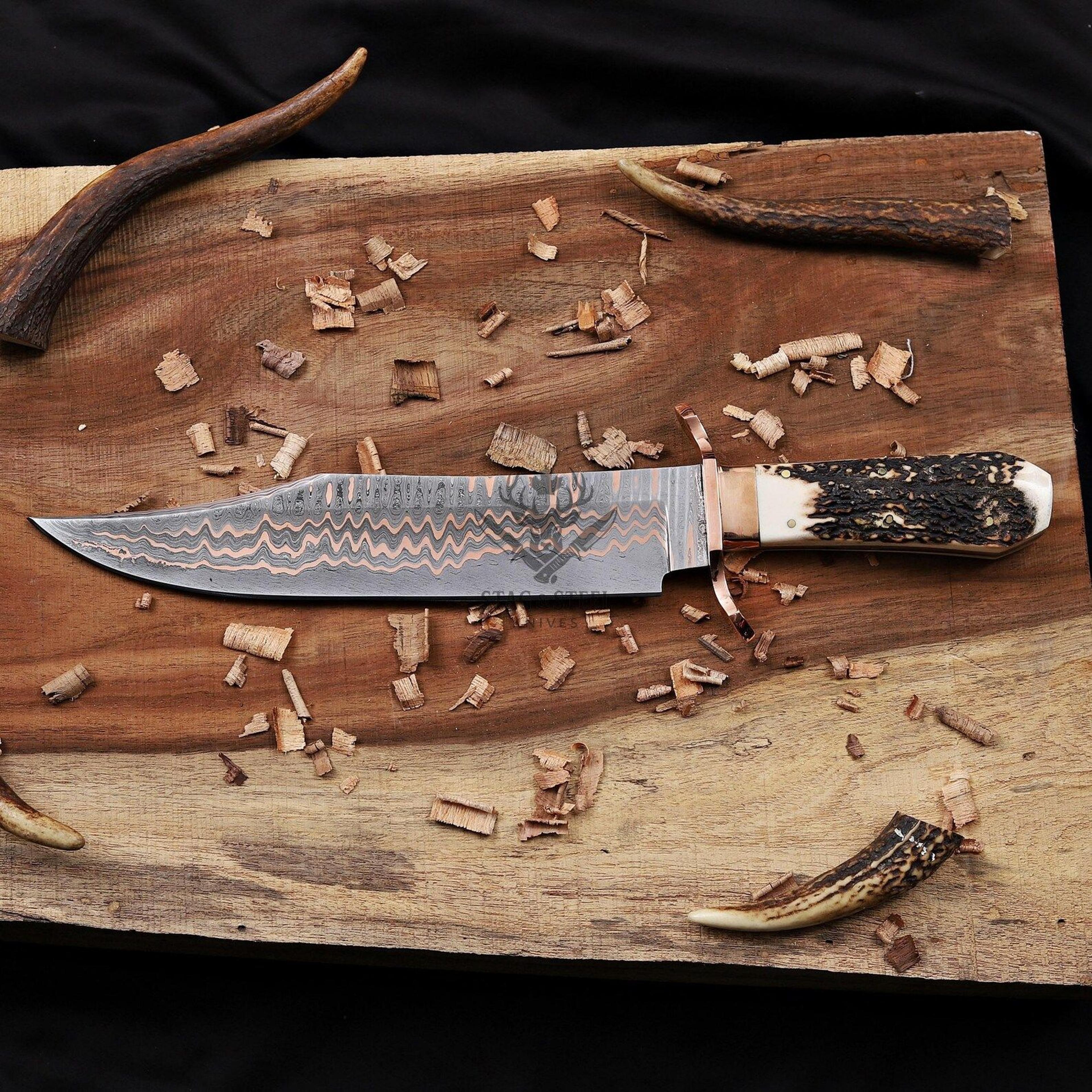 copper damascus bowie knife full tang with stag handle handmade hunting knife | wedding gift