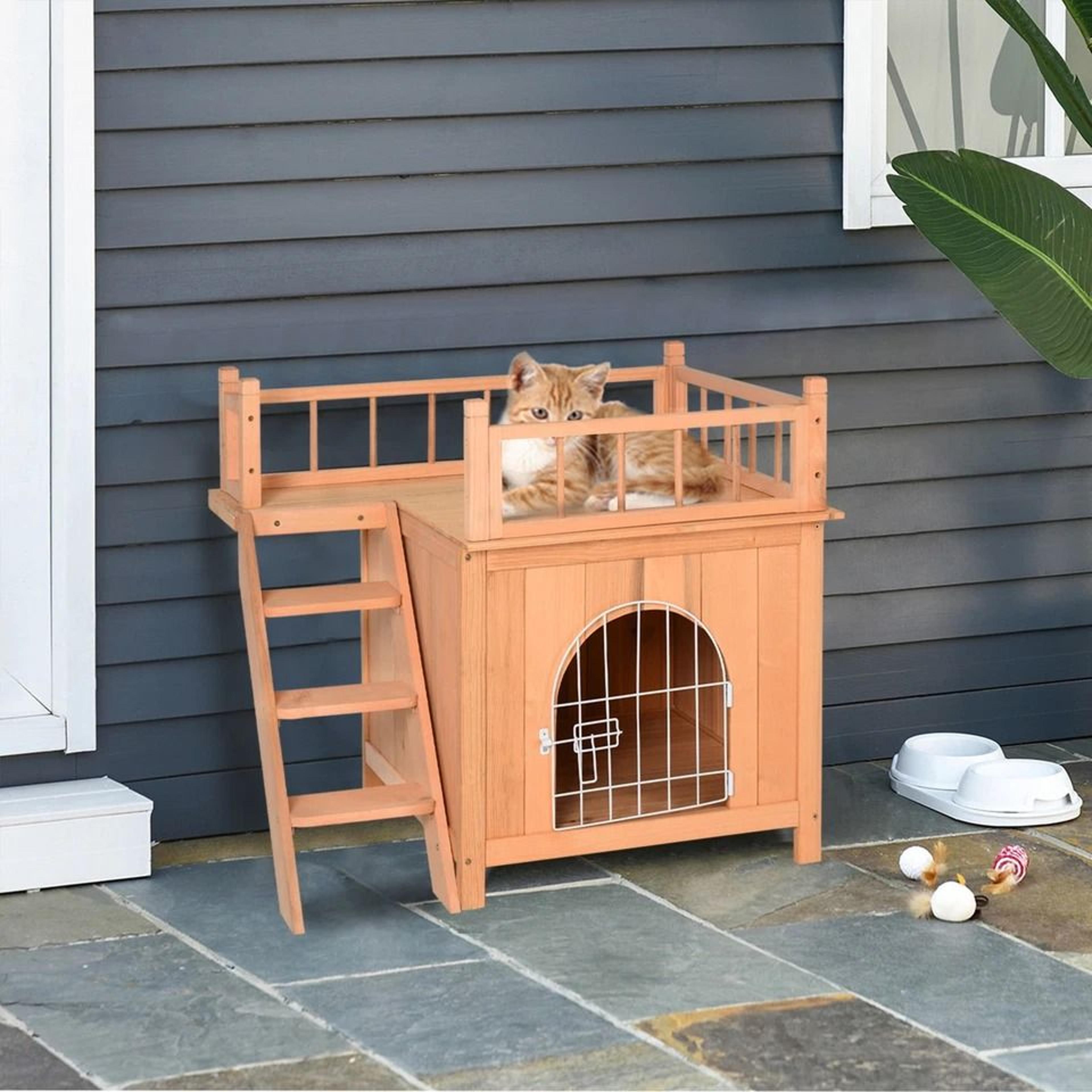 premium wooden pet house for cats, dogs weatherproof outdoor shelter with lockable gate, raised platform multi-tier