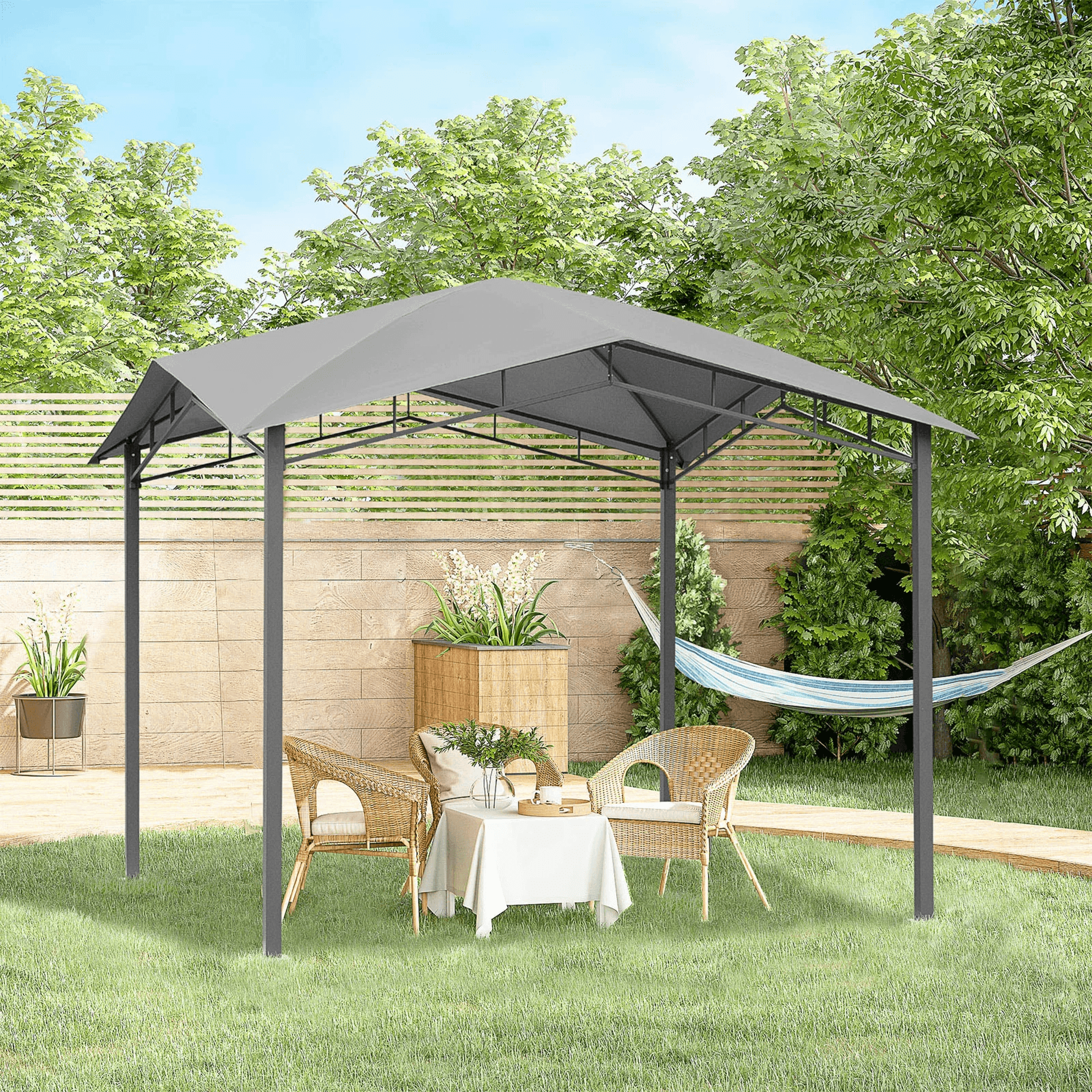 soft top patio outdoor canopy gazebo tent, steel frame, grey fabric cover for backyard bbq & grill protection