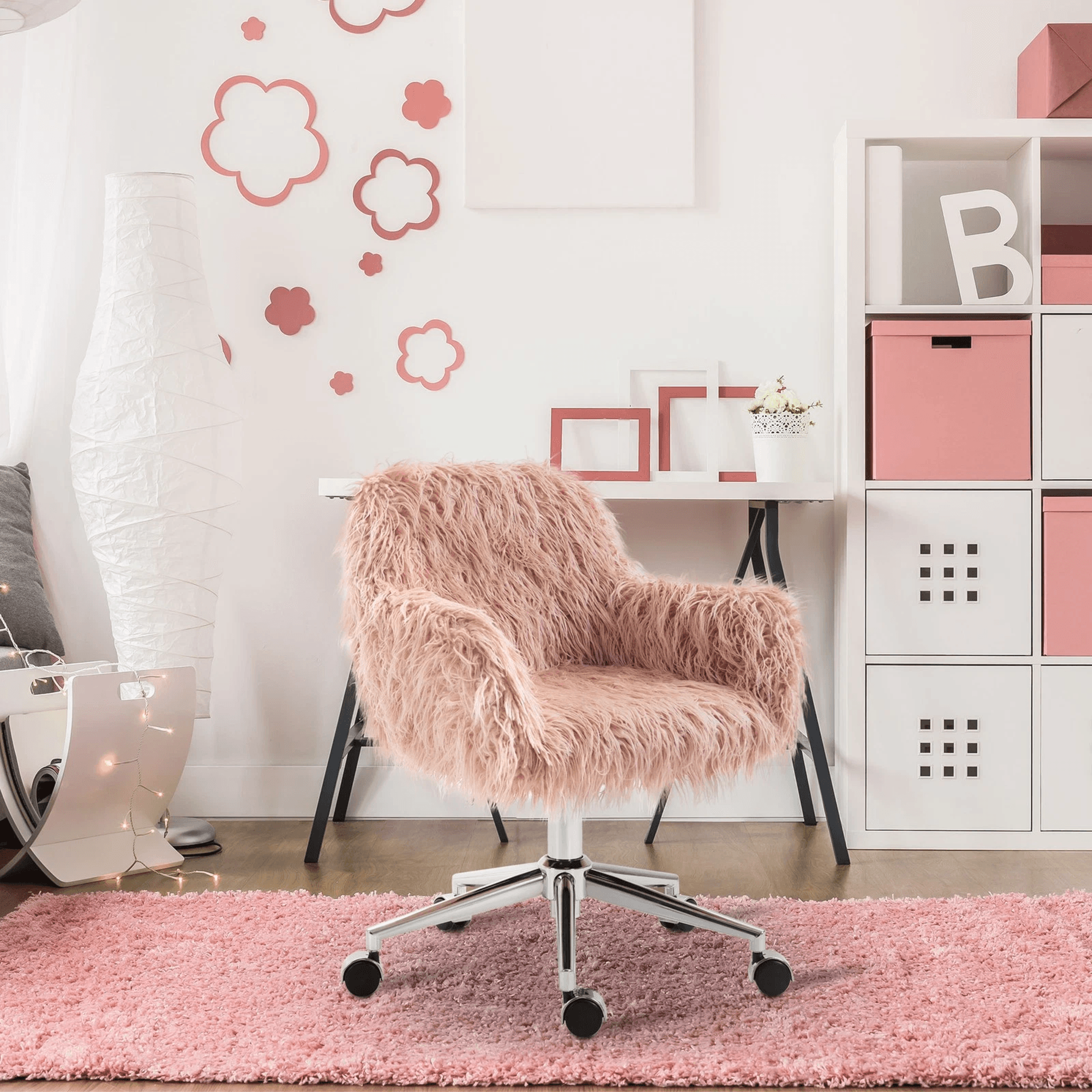 swivel faux fur office chair in pink, vanity chair w/ adjustable height & wheels