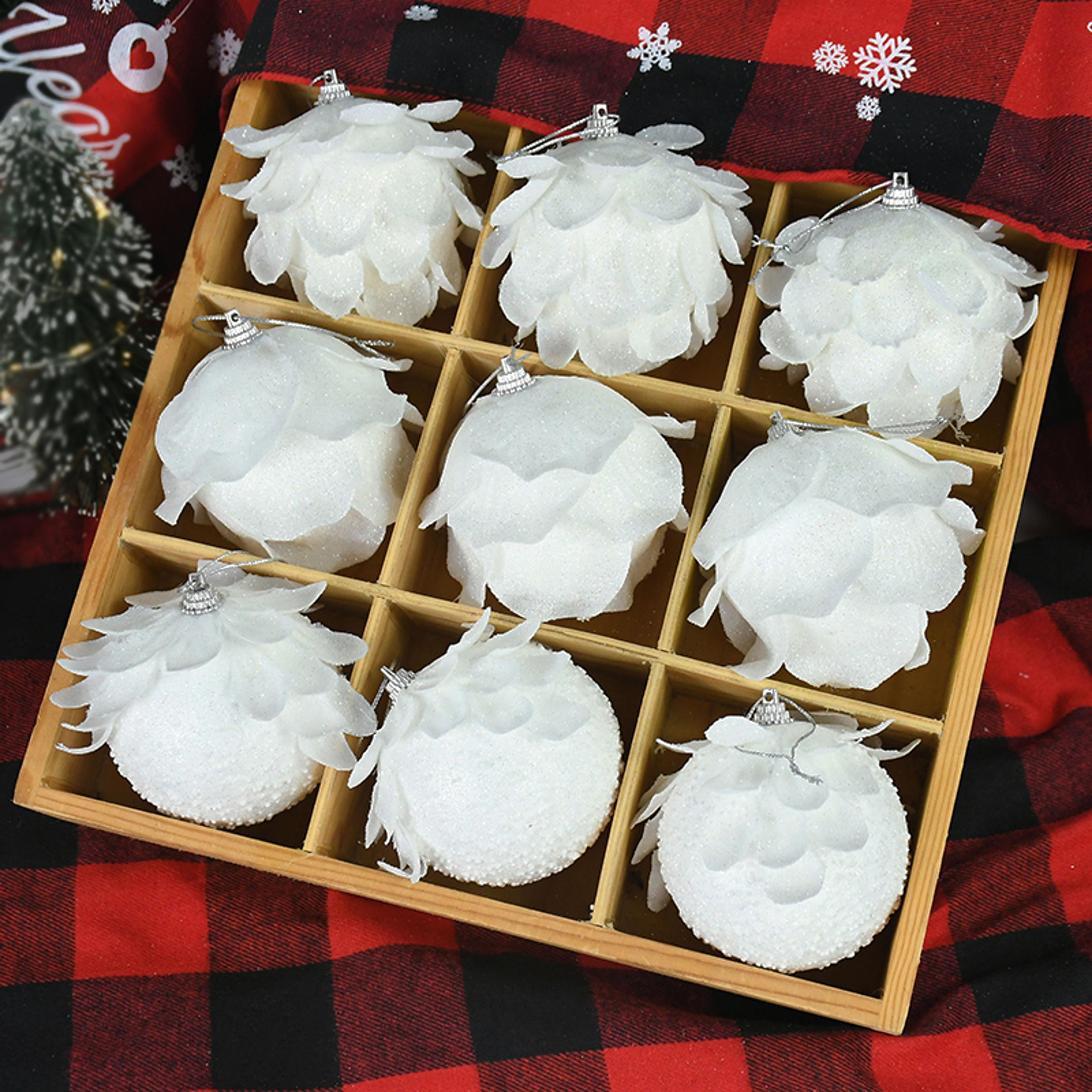 white glitter petal shape balls, foam snow ball christmas, christmas tree ornaments, new year home pendants