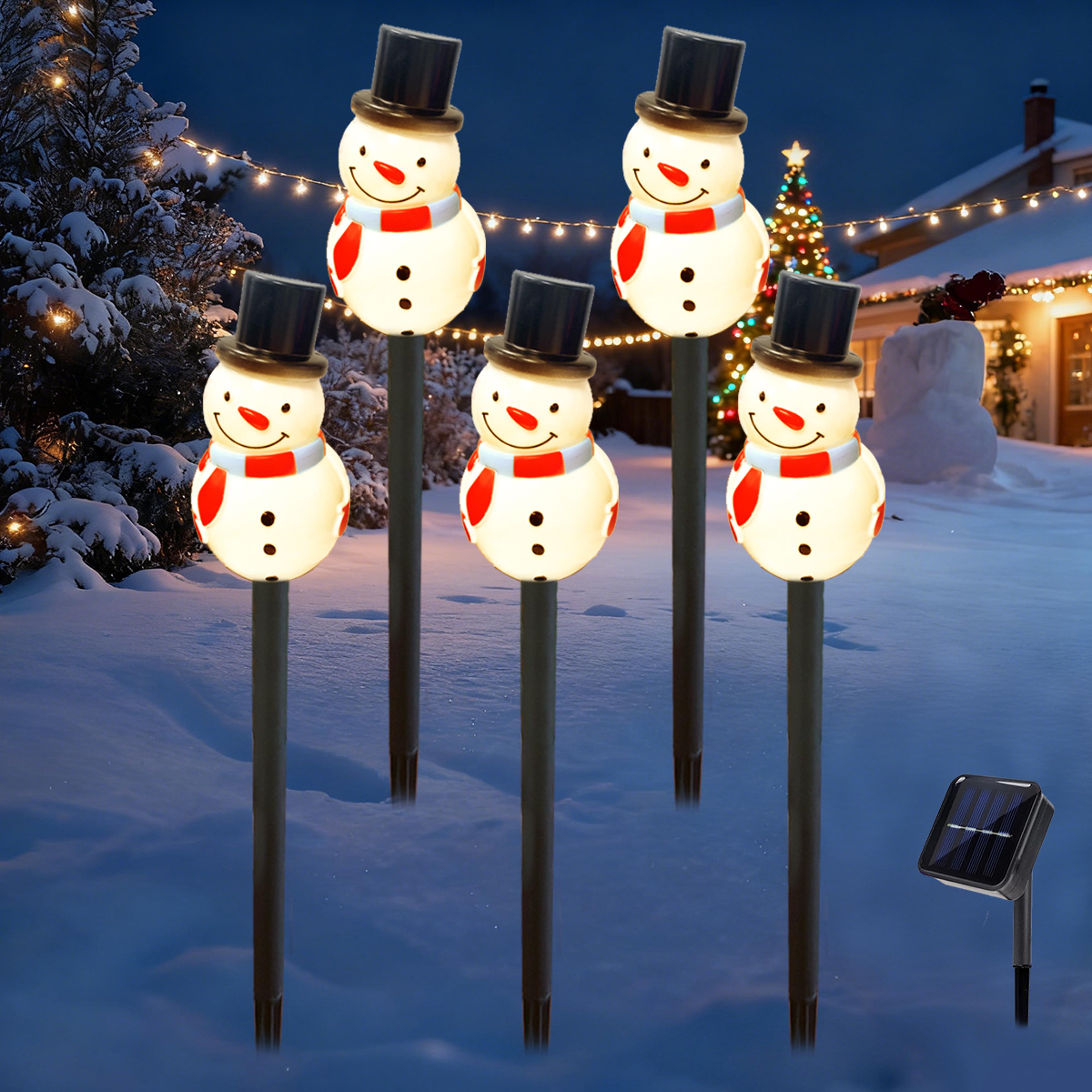 snowman with black hat, long nose solar powered garden light, outdoor stake light suitable for yard, patio, lawn, park