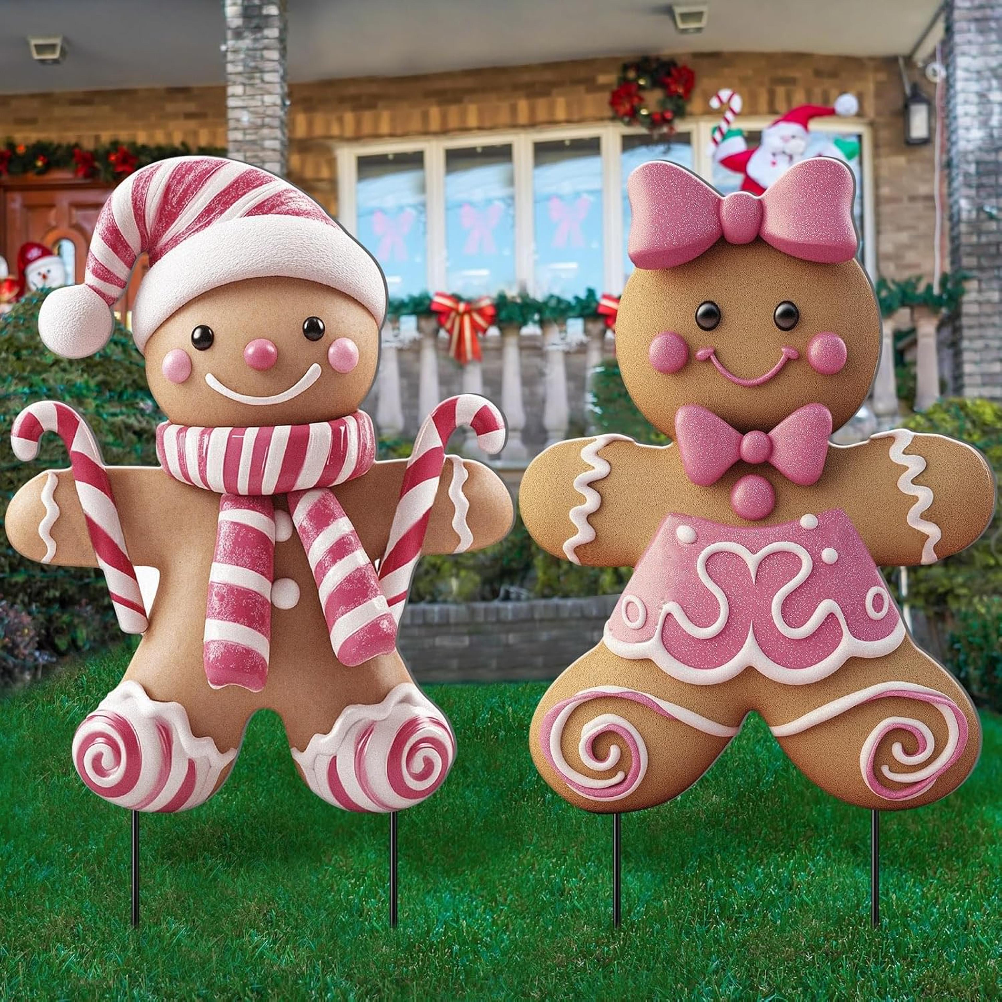 outdoor christmas yard stakes, 3d metal decorations, boy and girl figure, holiday lawn pathway, winter xmas ornaments