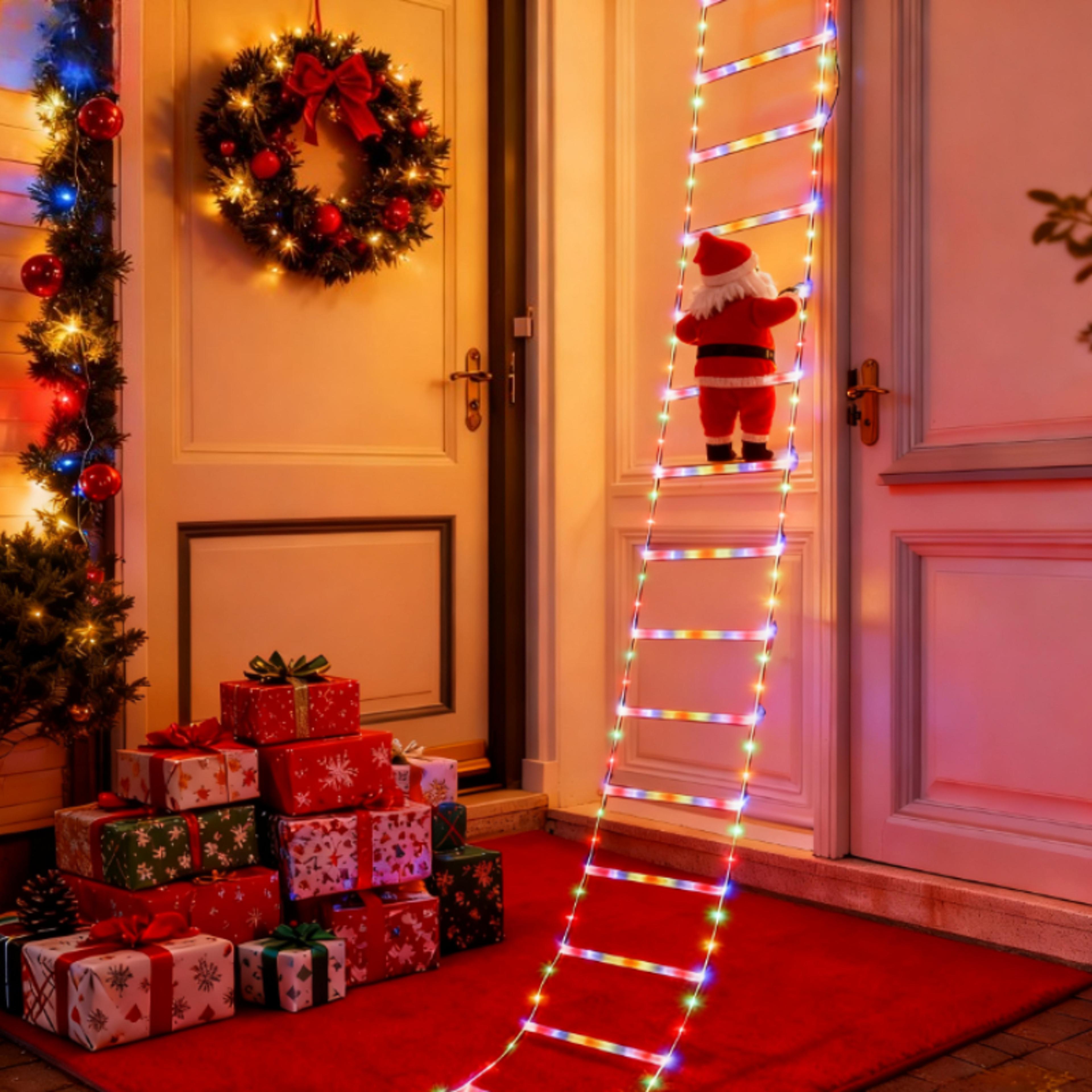 santa claus climb christmas fairy lights, stairs for christmas tree, bedroom living room, window festival party
