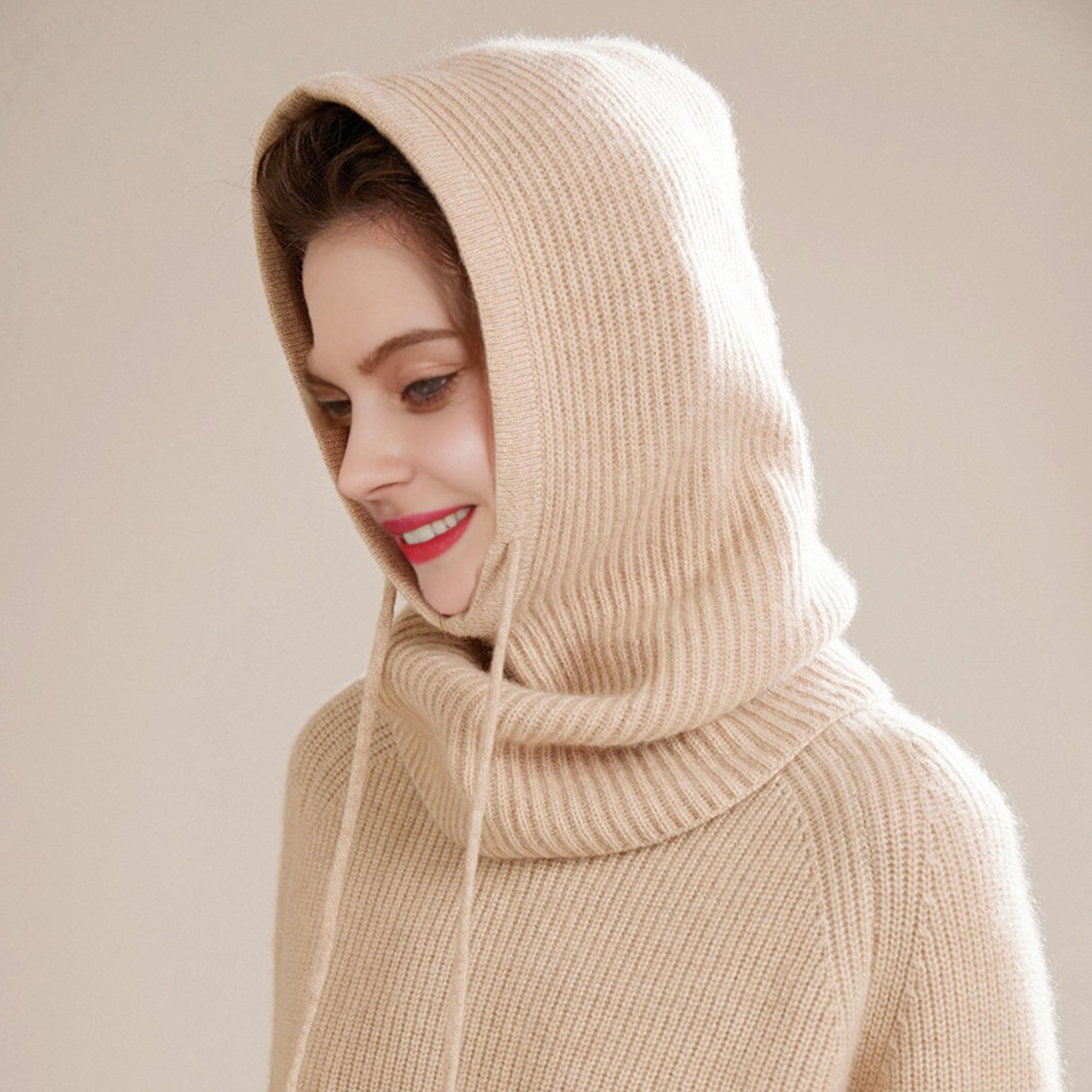 soft warm wool knitted balaclava hat for women cashmere hooded drawstring ski bonnet neck protect face cap winter