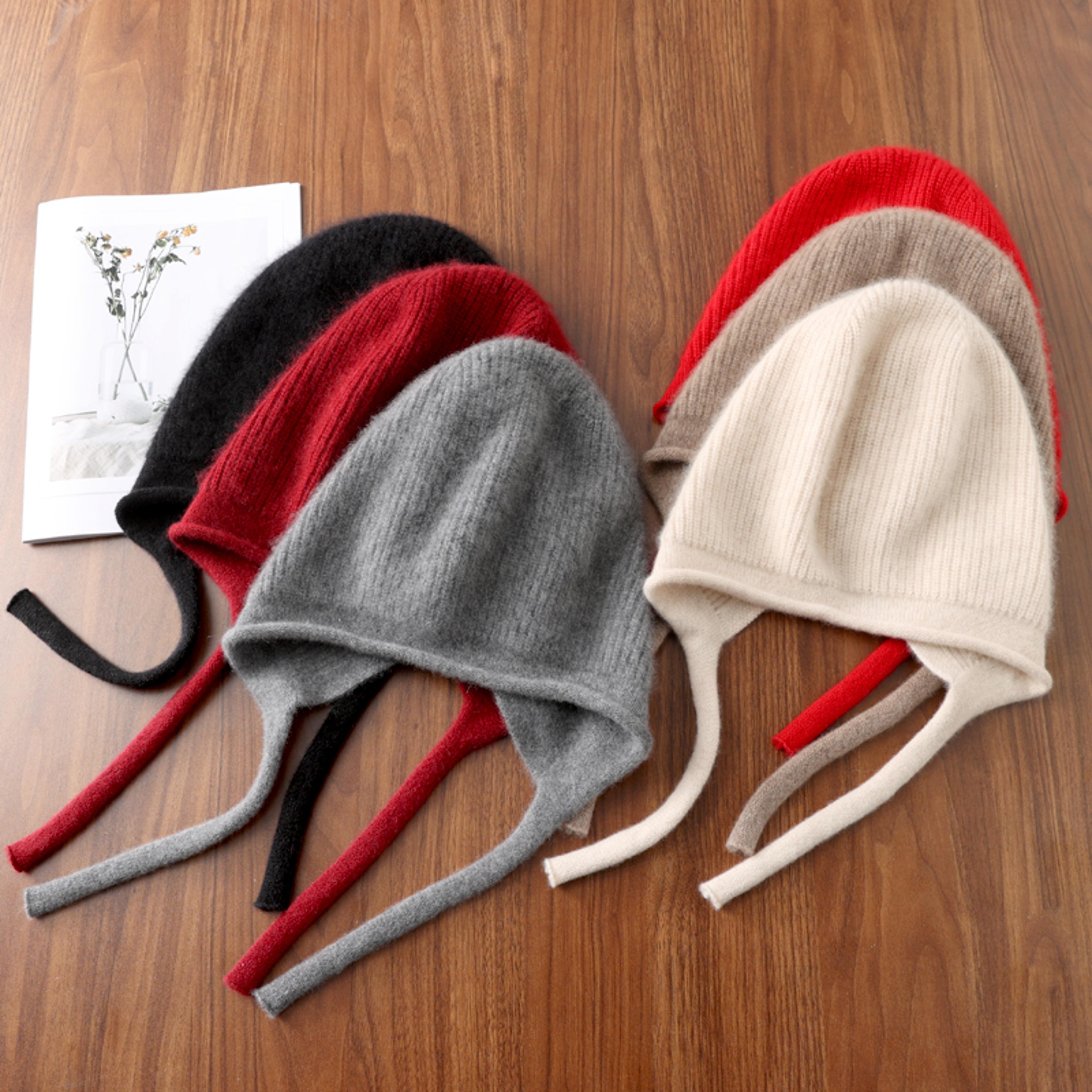 cute lace-up women's winter knitted hats pure wool pullover beanie windproof earflap