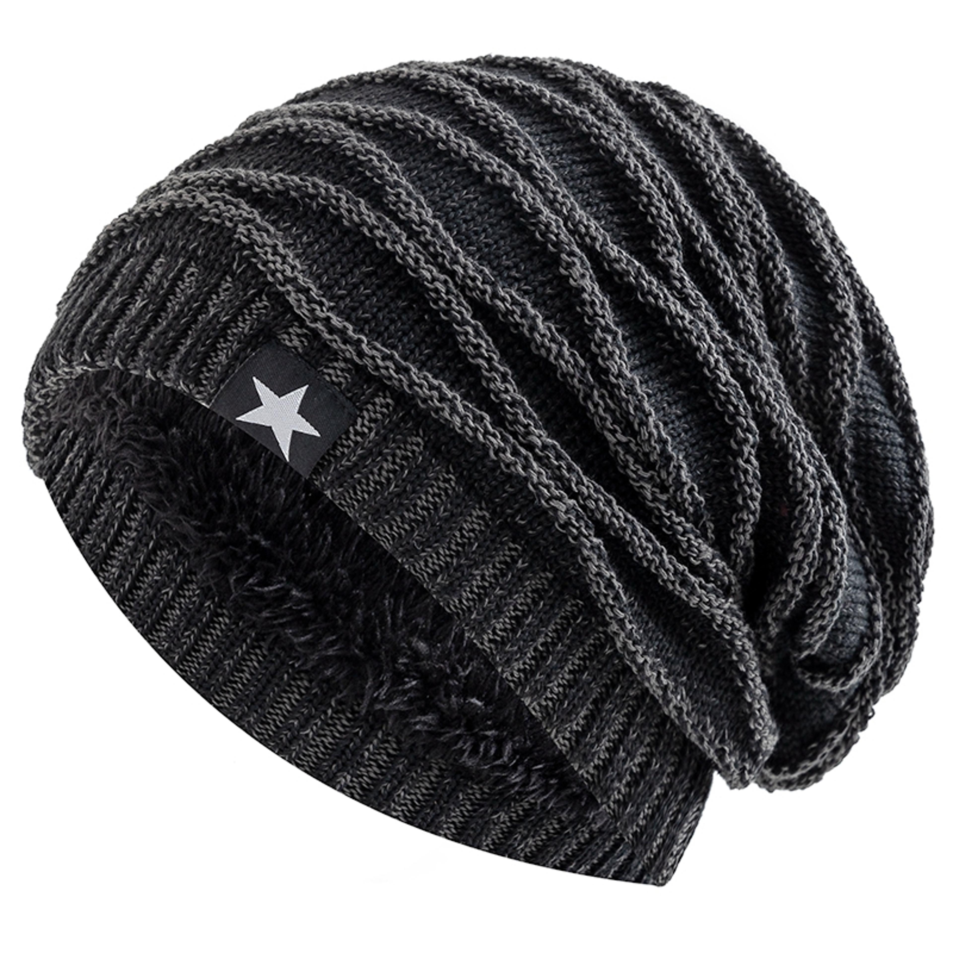 slouchy unisex winter hat with fur lining, five-pointed star decor, warm beanie cap for men and women, cozy knit
