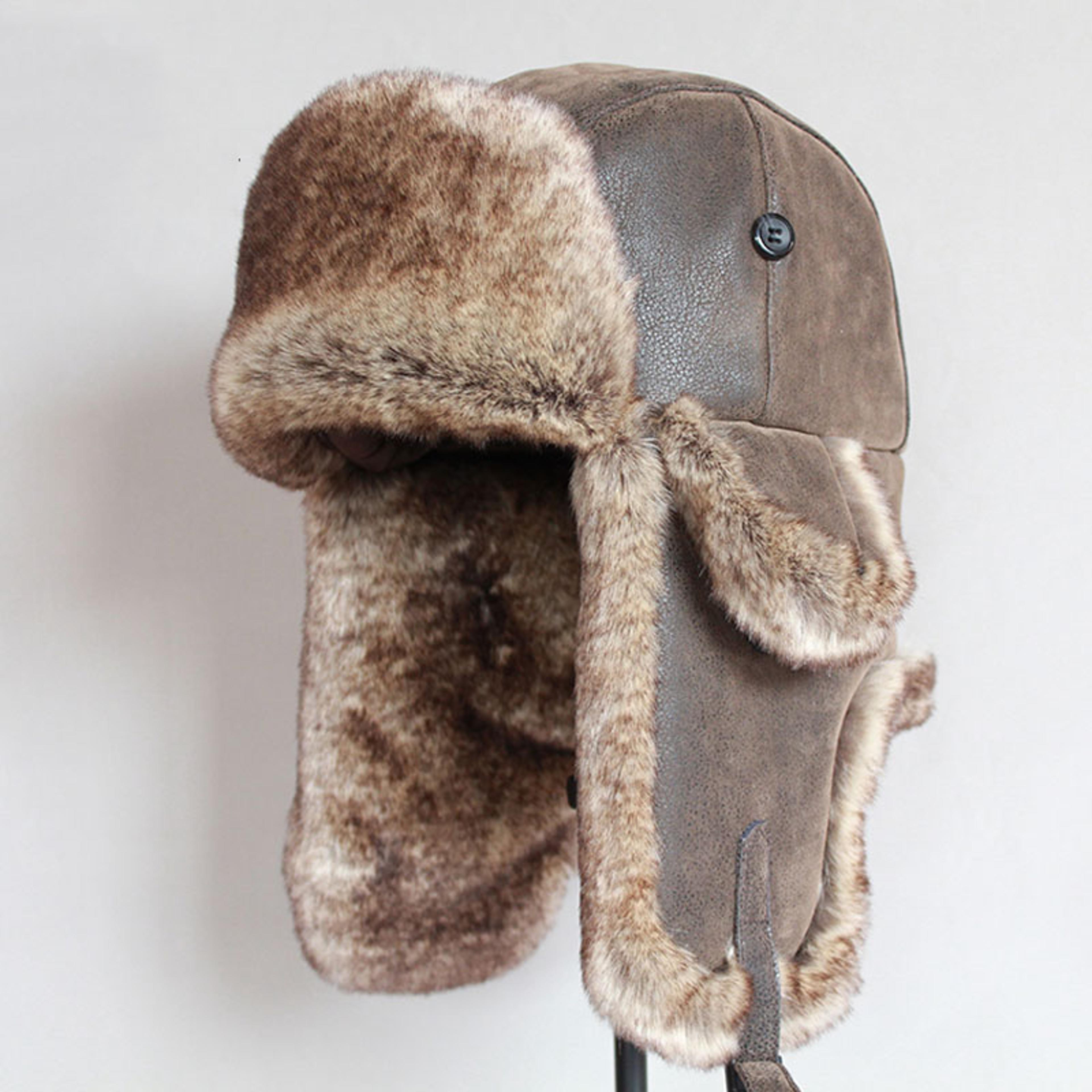 winter bomber hats men, warm russian ushanka hat, pu leather fur trapper cap, ear flap for women