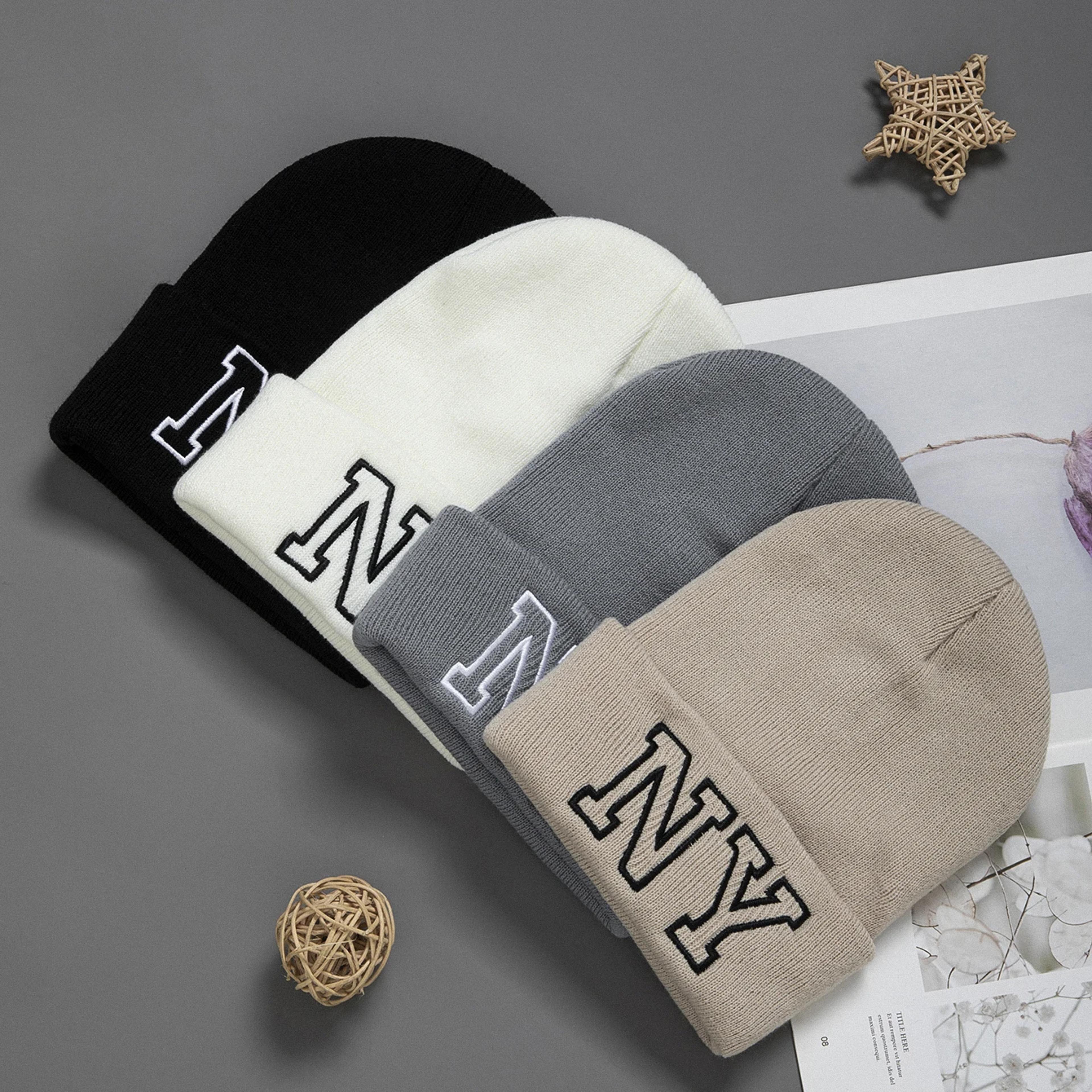 fashionable unisex embroidered knitted hat with letters ny warm woolen winter hat all-matching style