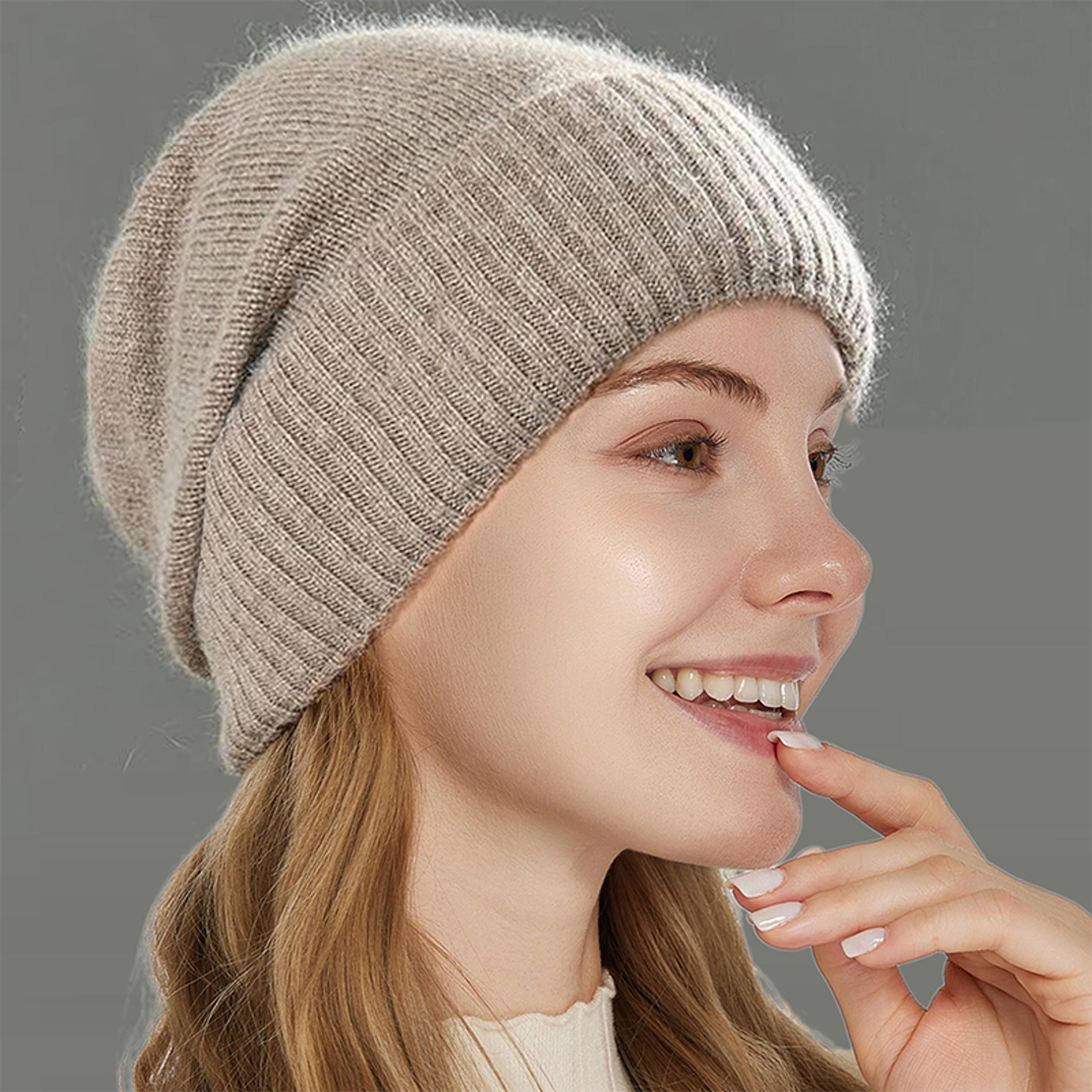 women's pure wool winter hat satin lined knitted beanies soft warm ski cap elastic slouchy sleep cover