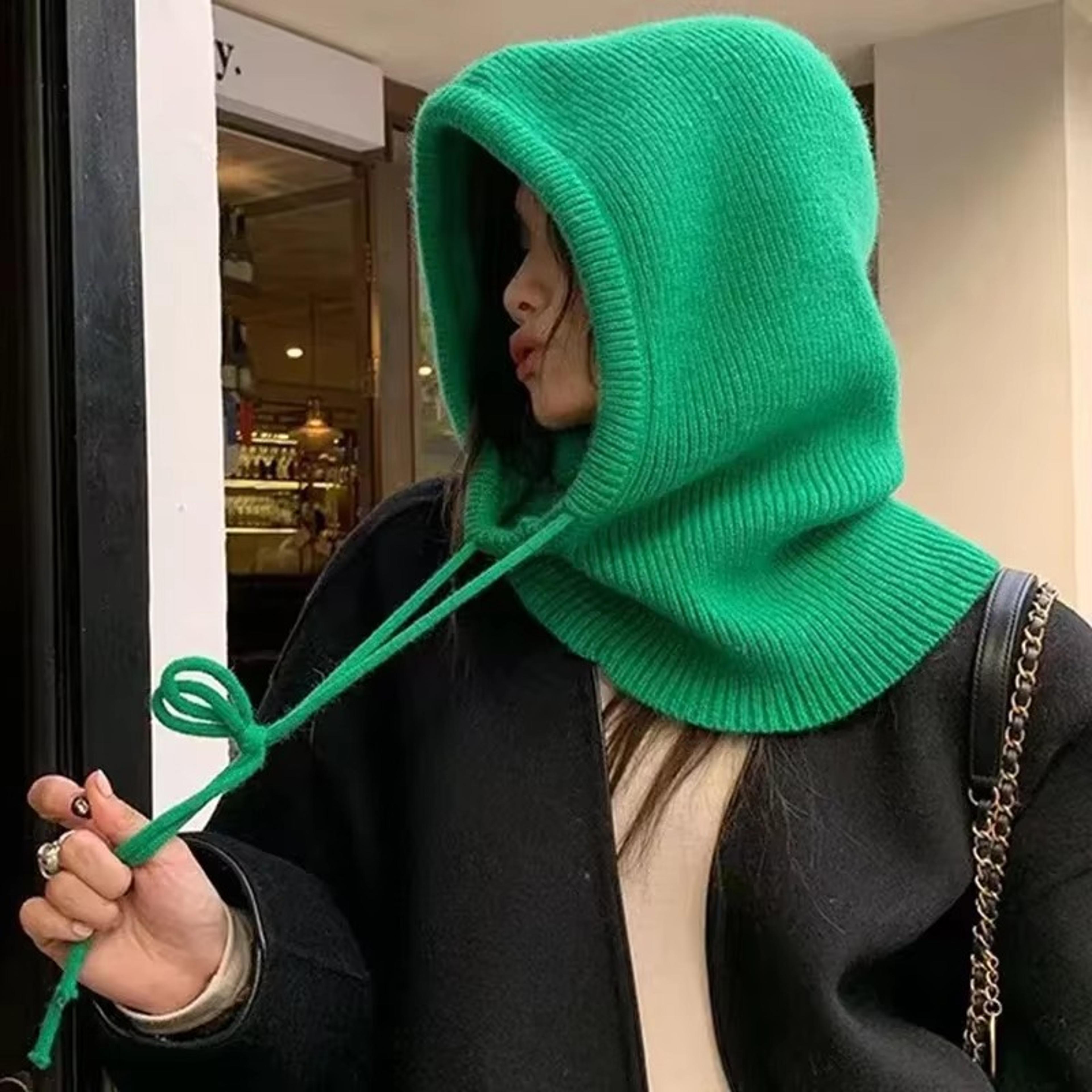 winter balaclava hats women style knitted hooded caps outdoor warmer one-piece drawstring neck collar beanies cap