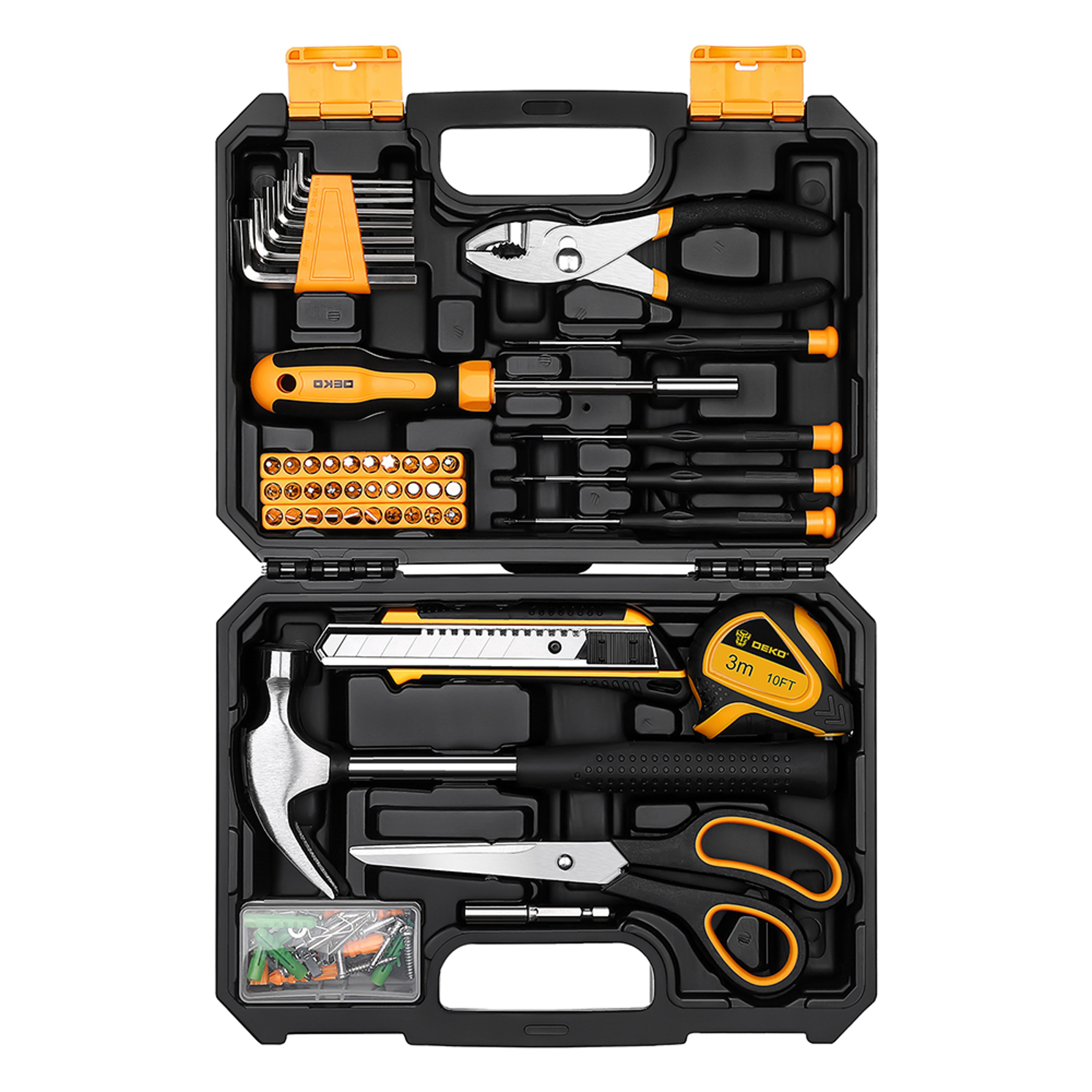 all purpose home tool kit, general household hand tool set with plastic toolbox storage case