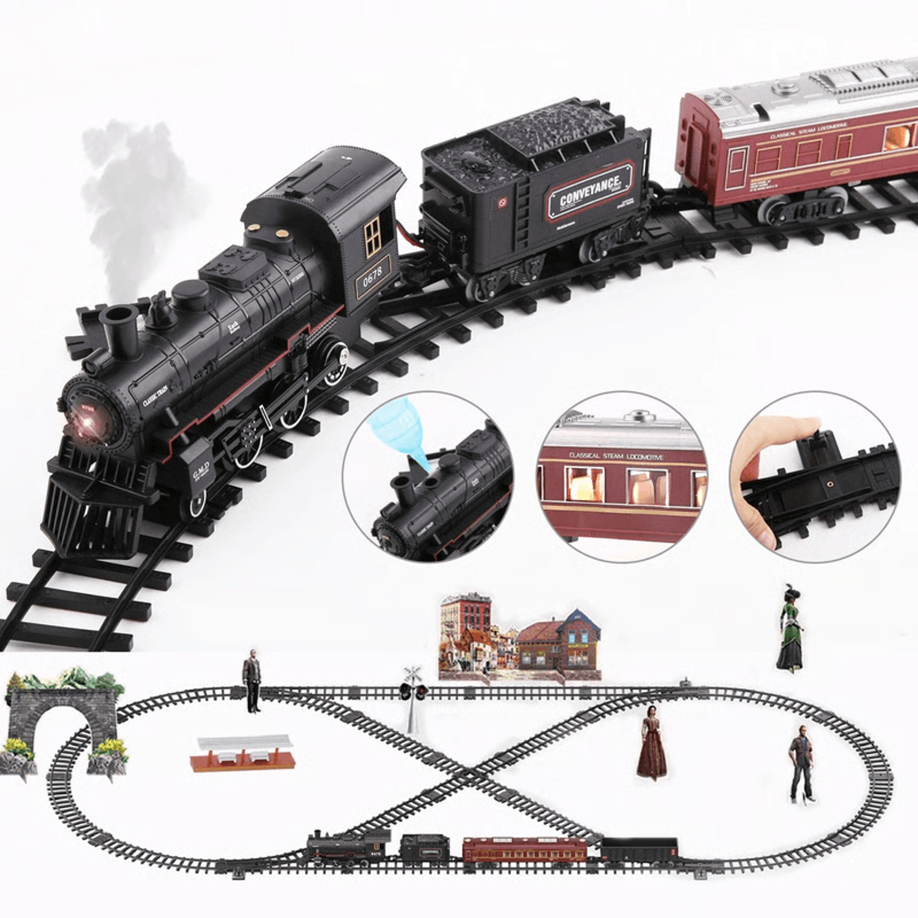 electric train set with steam, light & sound, educational stem toy for kids playtime