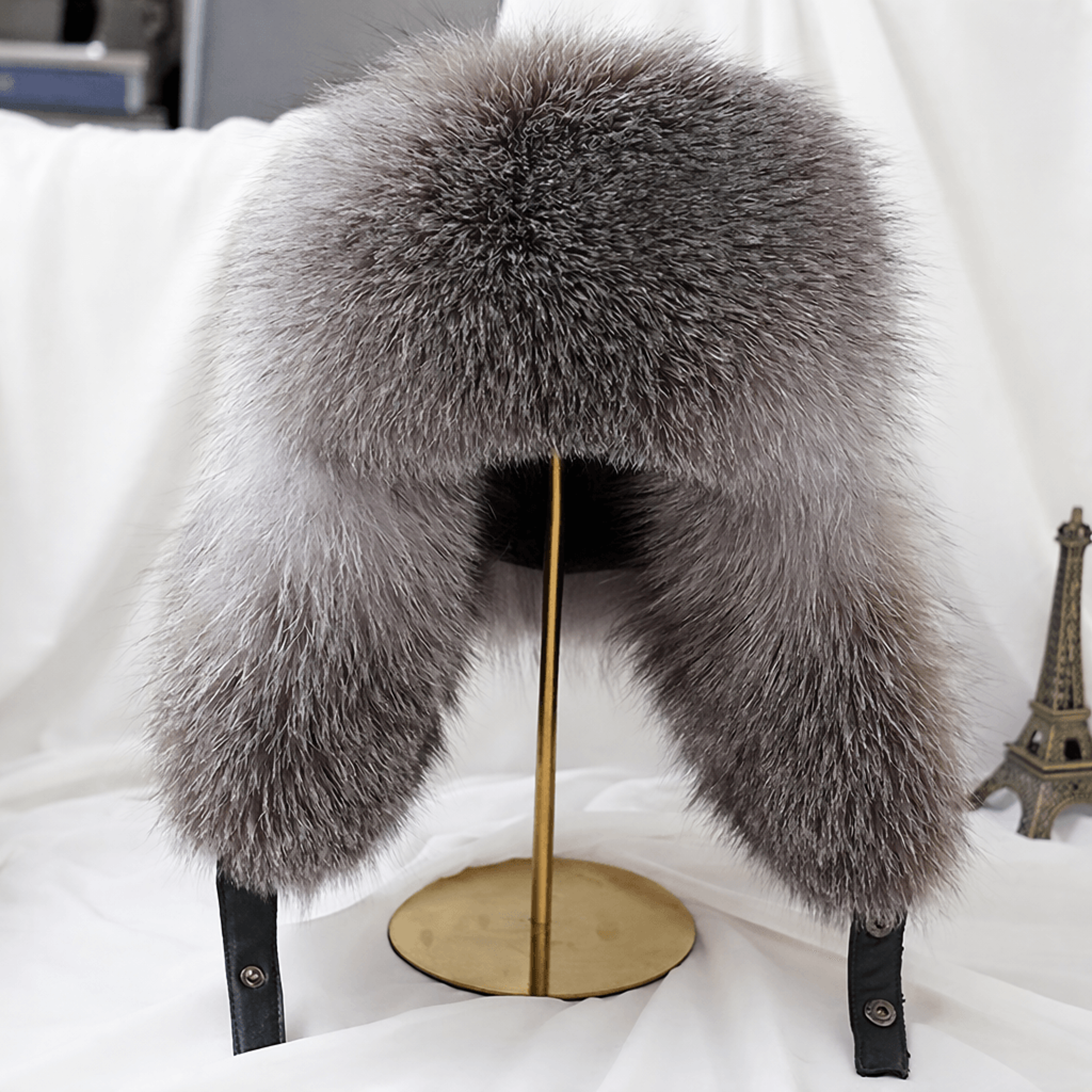 men real silver fox fur bomber hat, raccoon fur cap, russian trapper ski hats, leather winter hat for men
