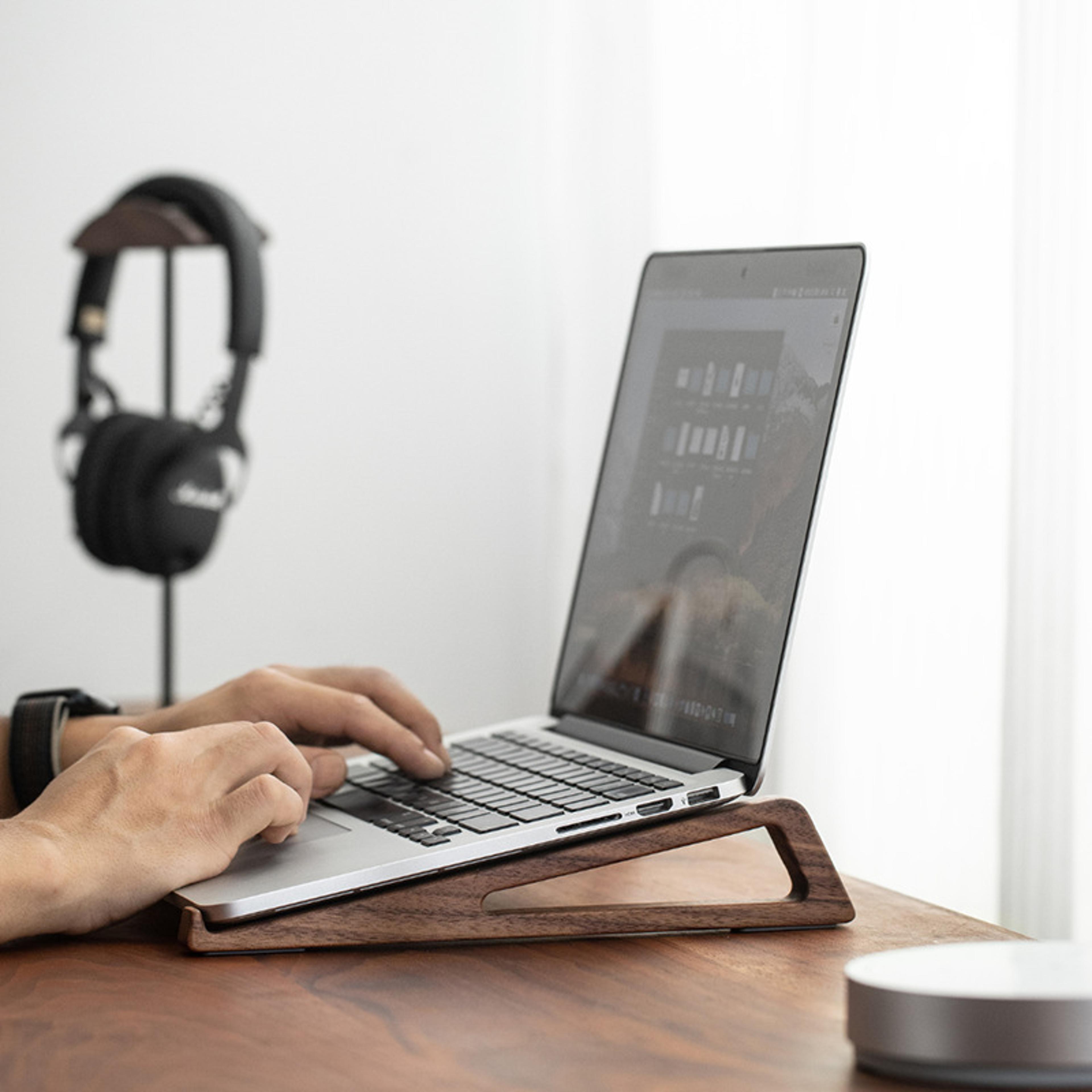 black walnut wood laptop stand for desk, ergonomic notebook riser with cooling open design