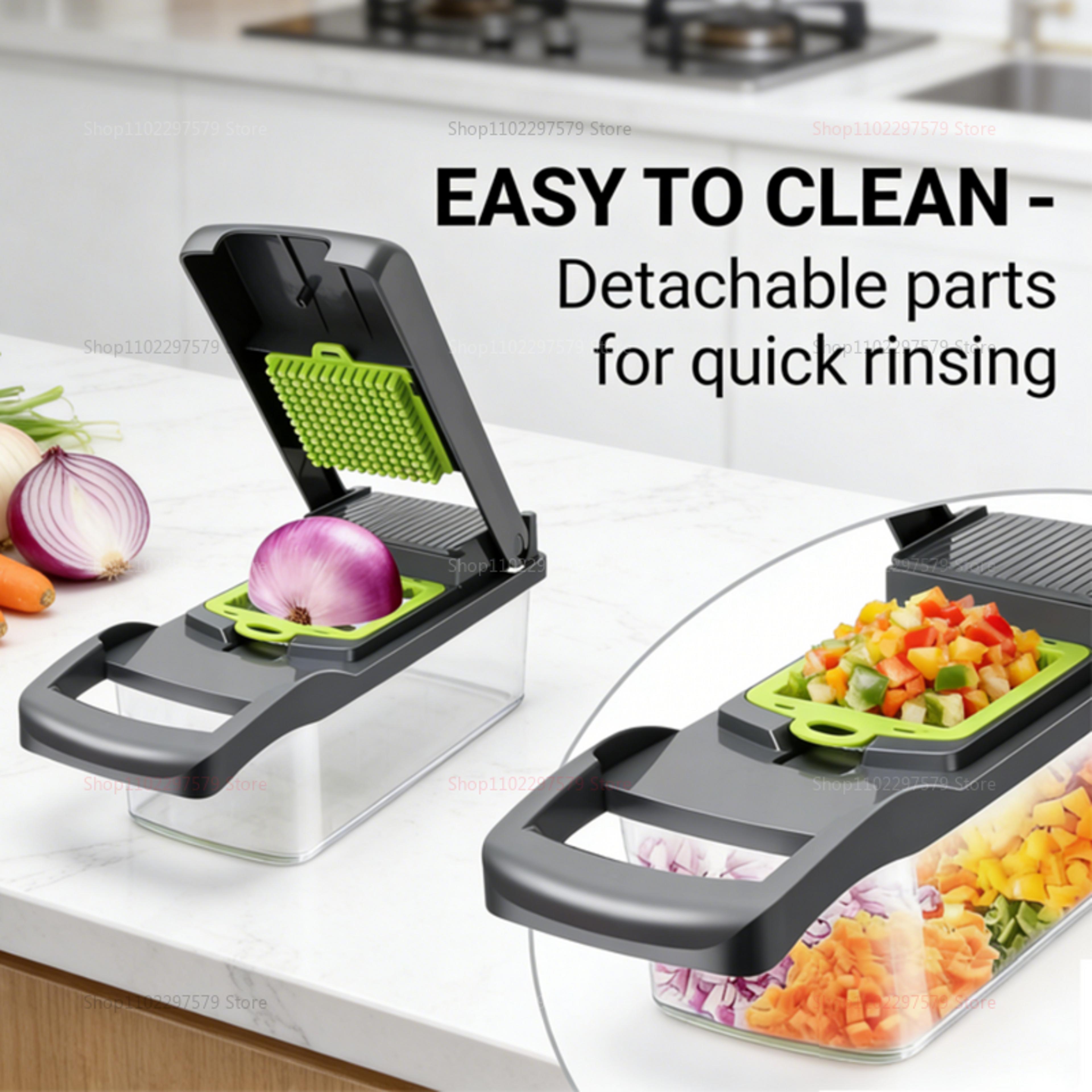 vegetable chopper with container and blades for fast slicing, dicing and grating