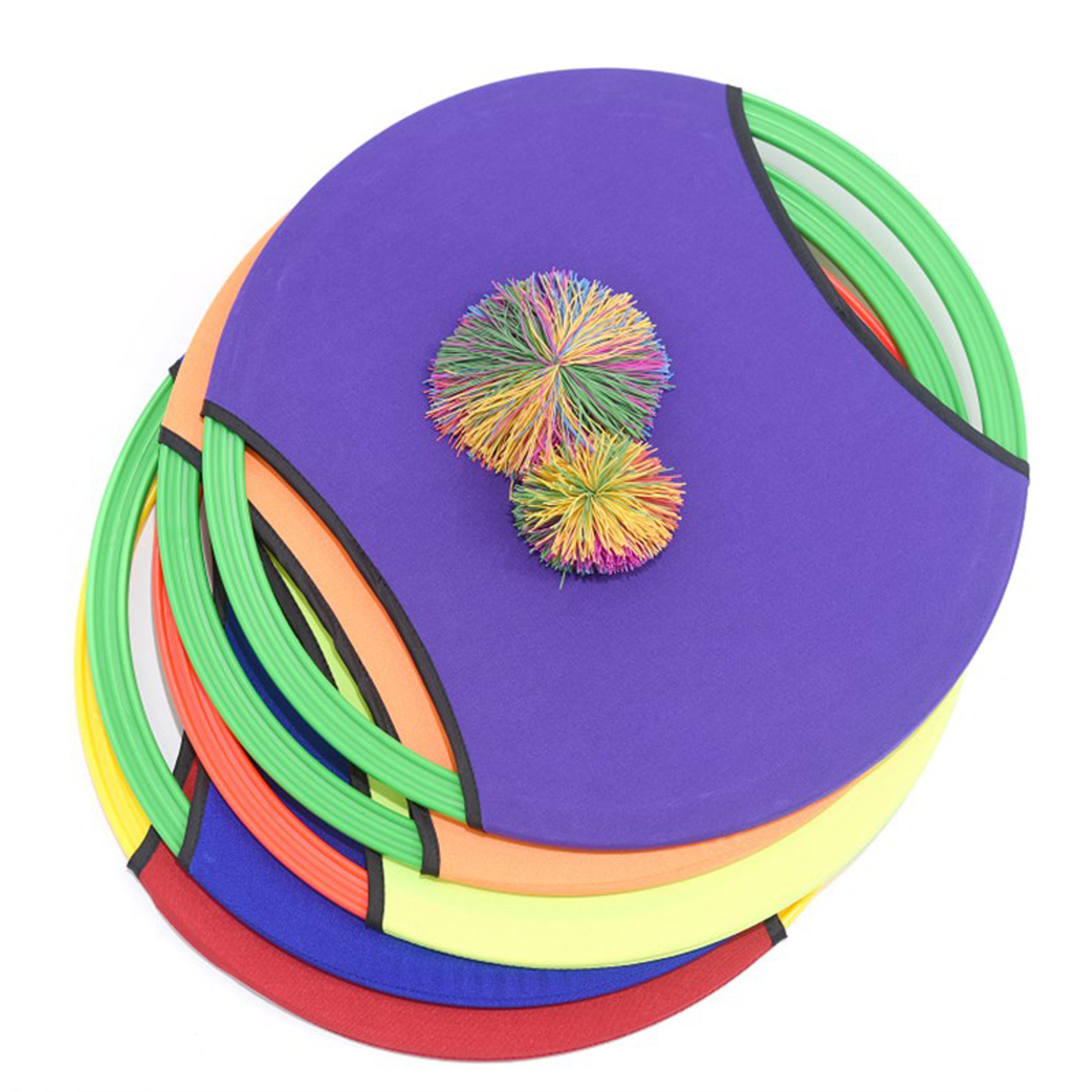 family toss and catch game set with trampoline paddle ball for beach and backyard fun