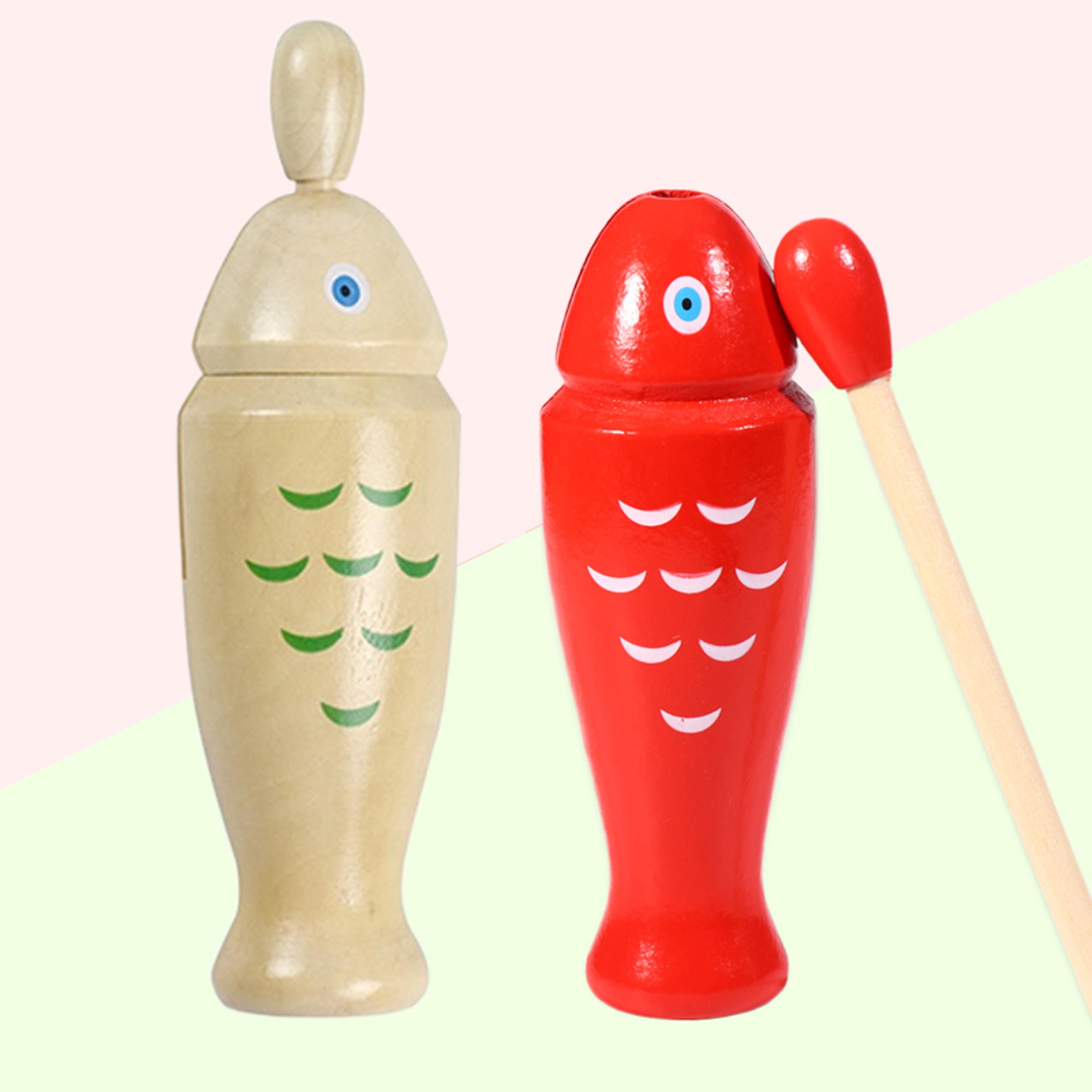 dual tone wooden fish percussion block with mallet for orff music and rhythm practice