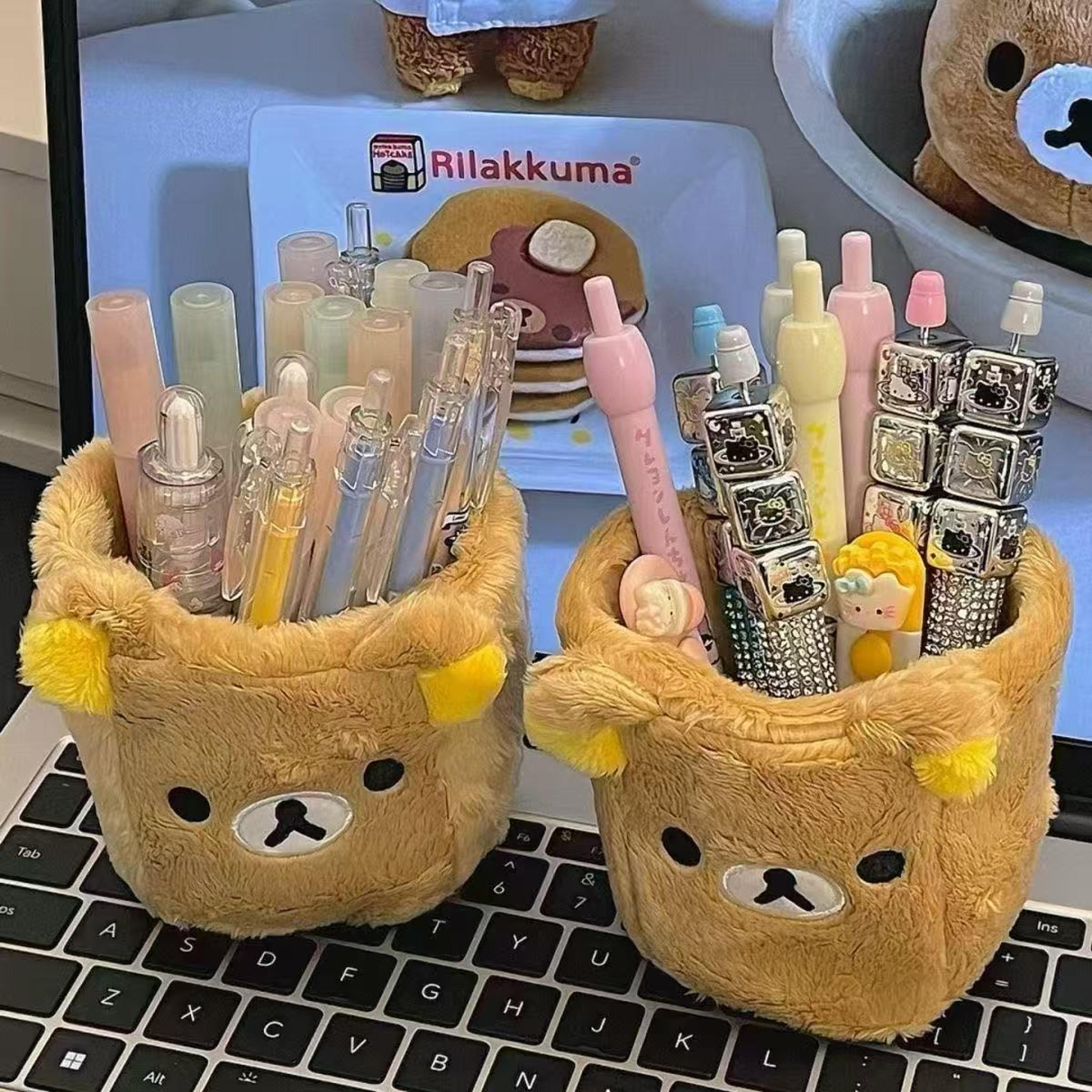 kawaii plush pencil holder cute desk organizer for pens, makeup and stationery