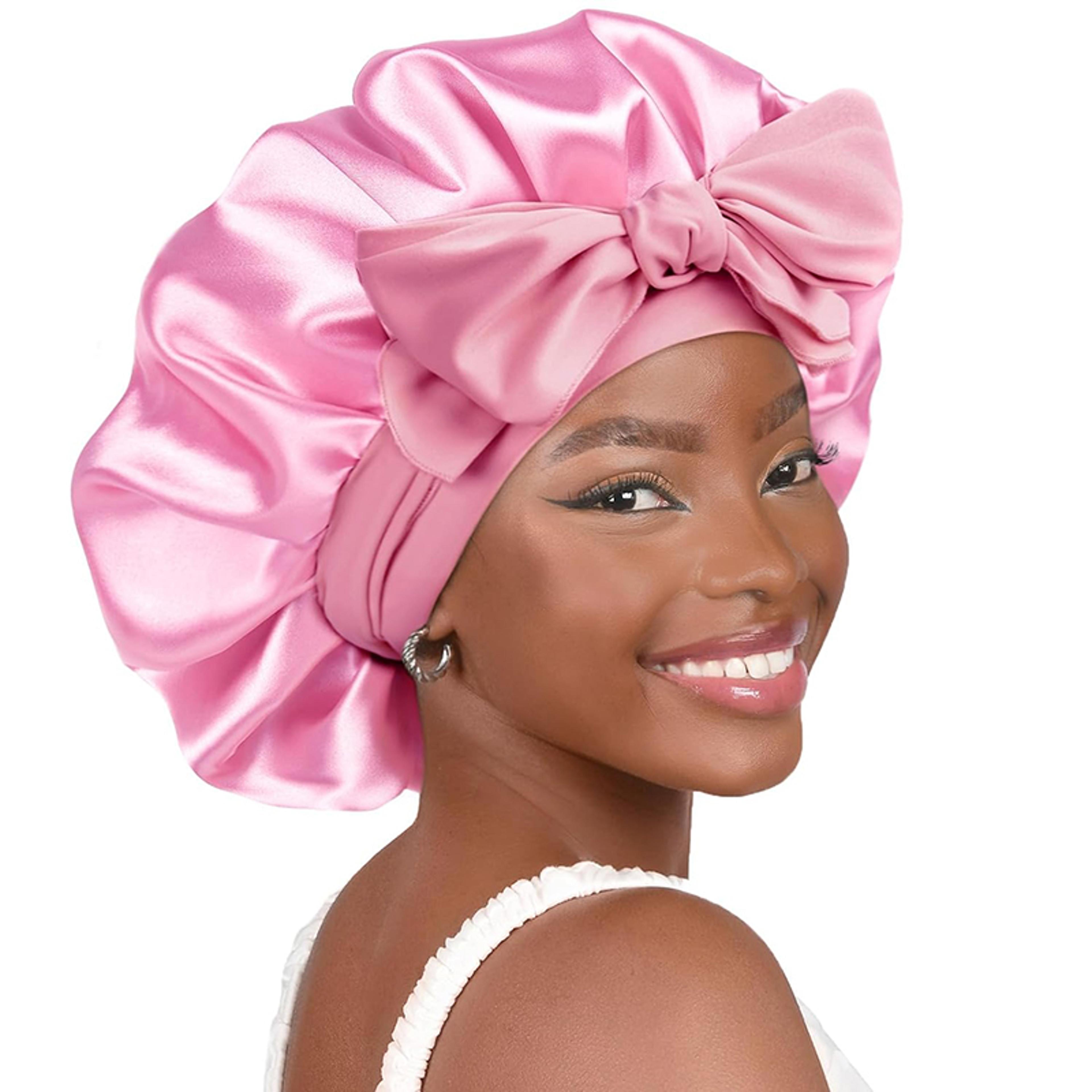 adjustable satin sleep bonnet with tie band for frizz control