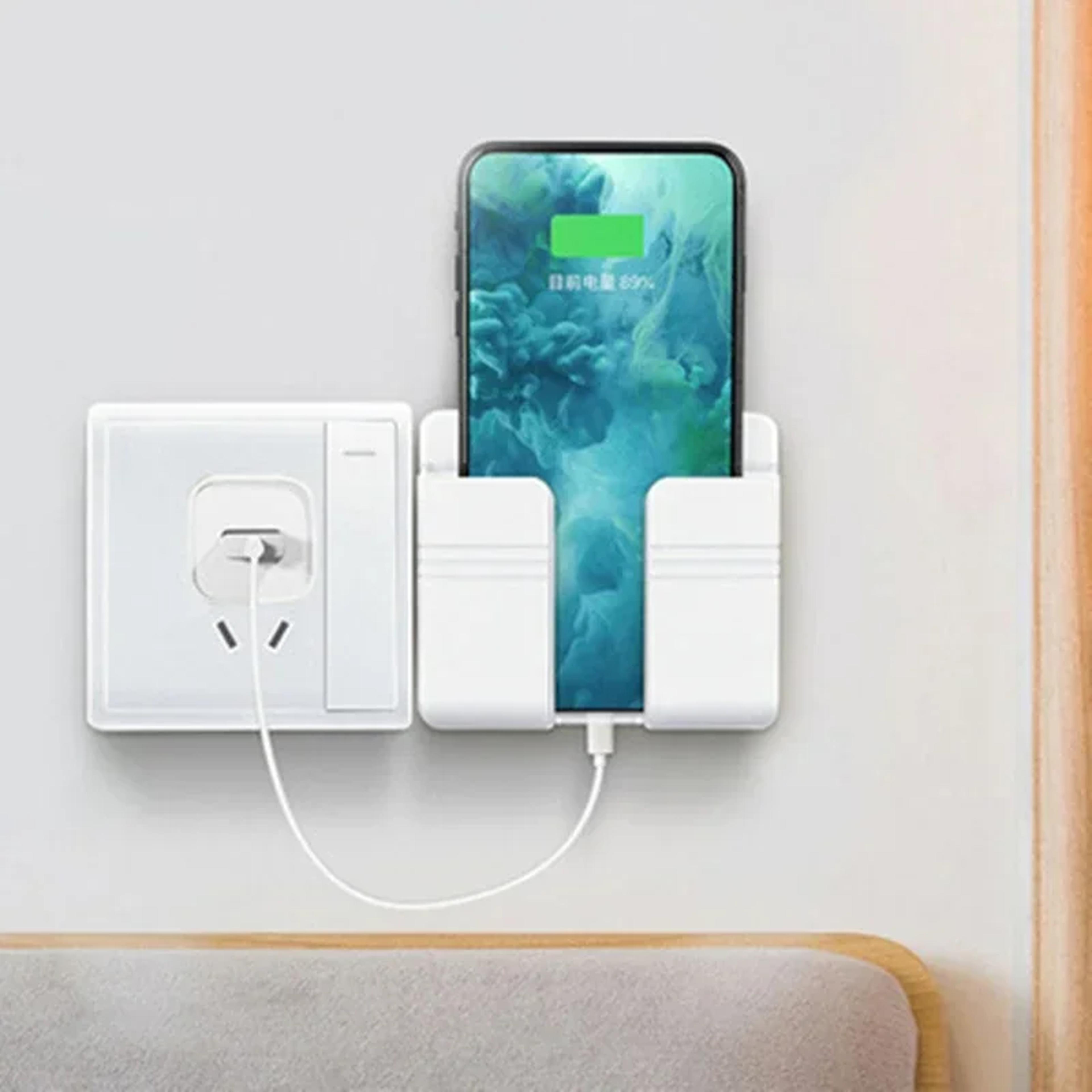 no drill wall mount phone holder for charging and remote storage