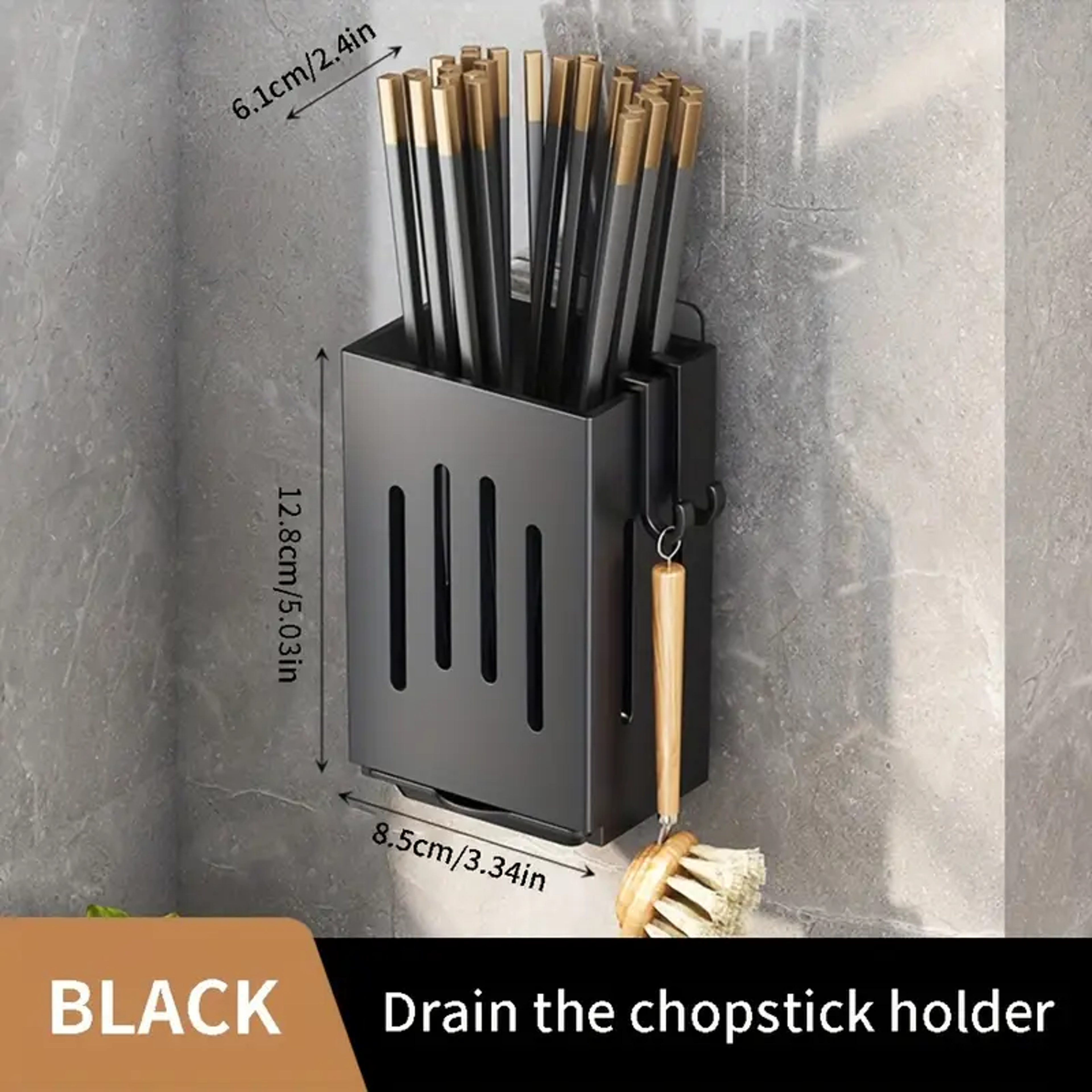 punch free wall mounted chopstick holder with drain tray and hooks