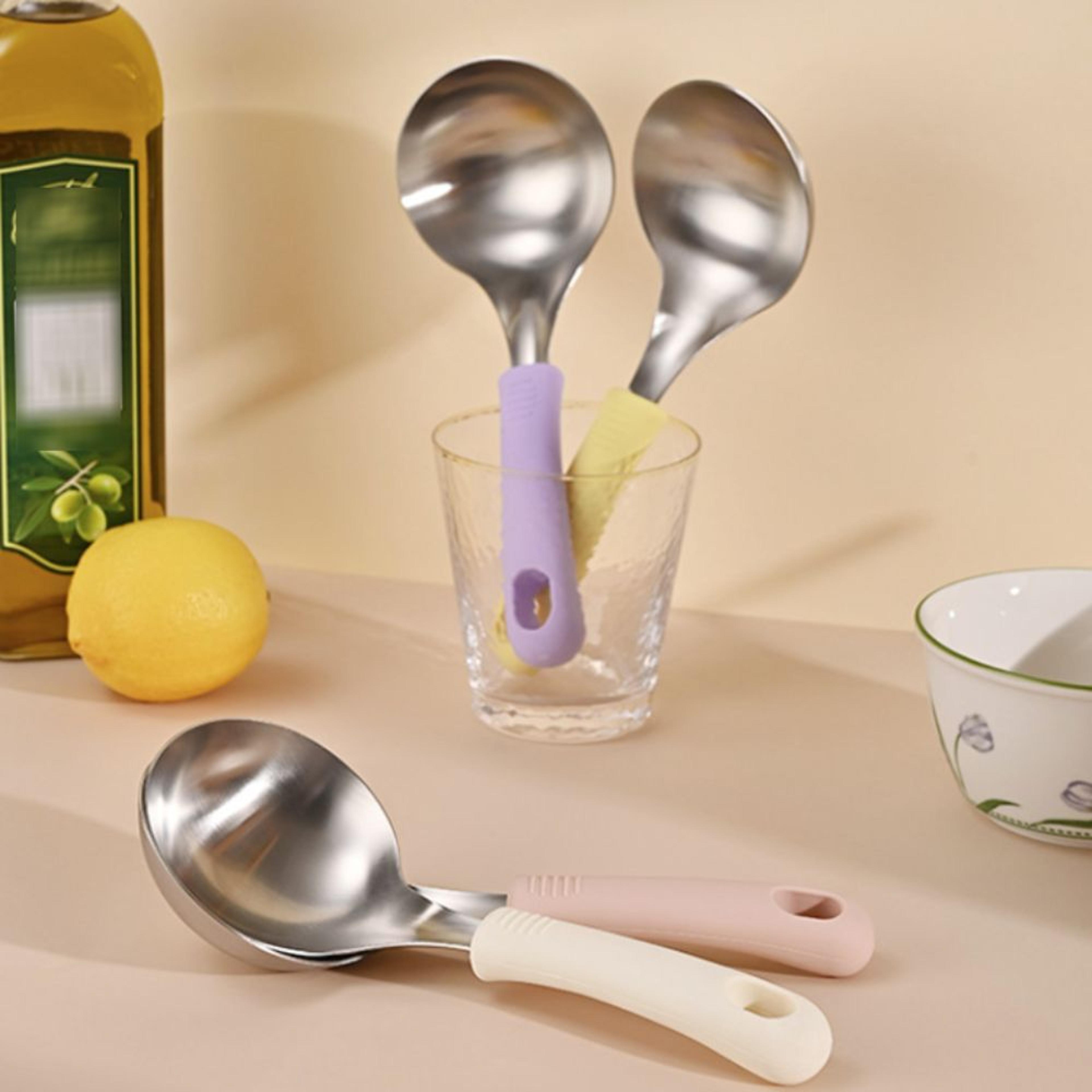 korean soup spoon set with silicone handle & heat resistant rack