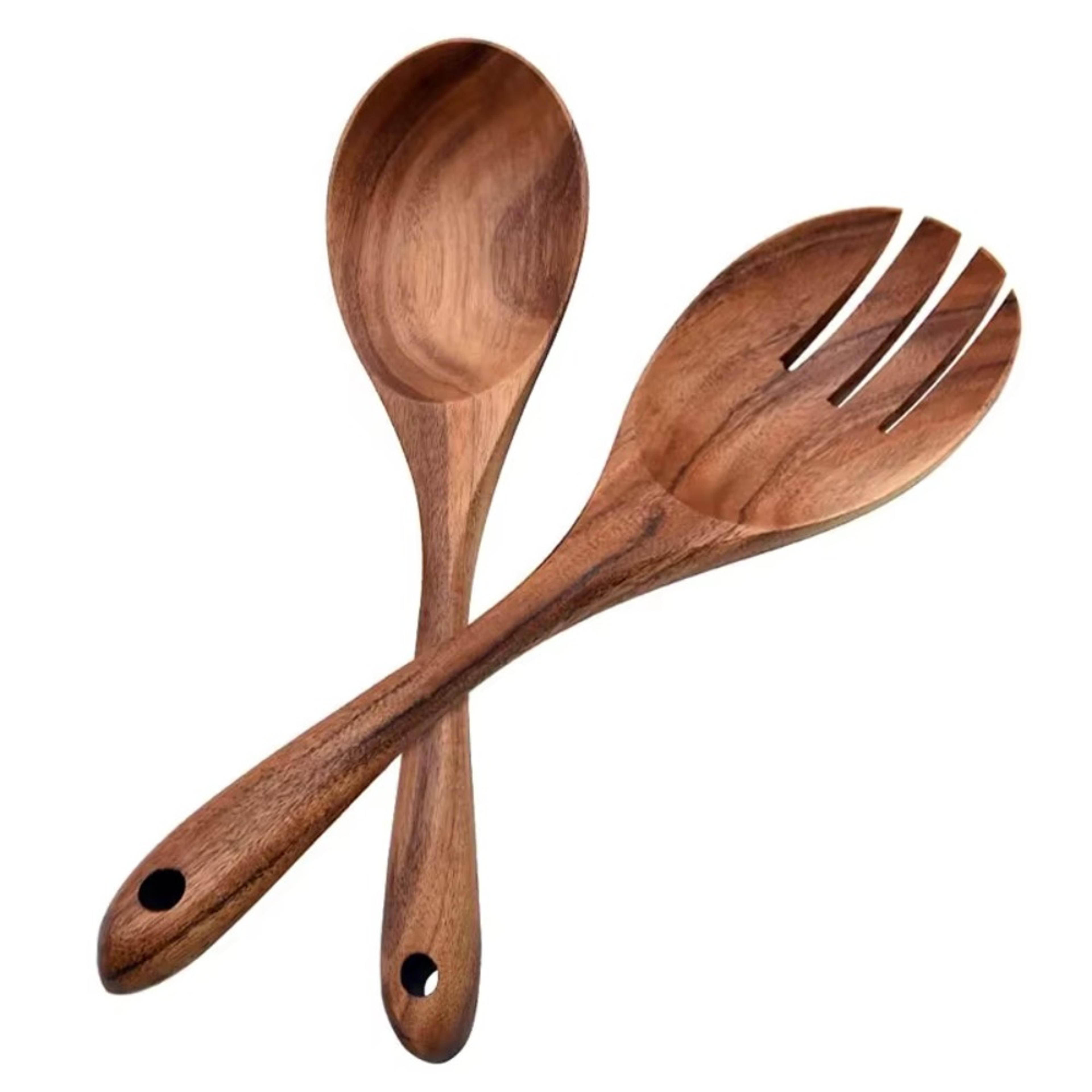 premium long handle wooden cooking & serving spoon set natural kitchen utensils for soup, salad & everyday stirring