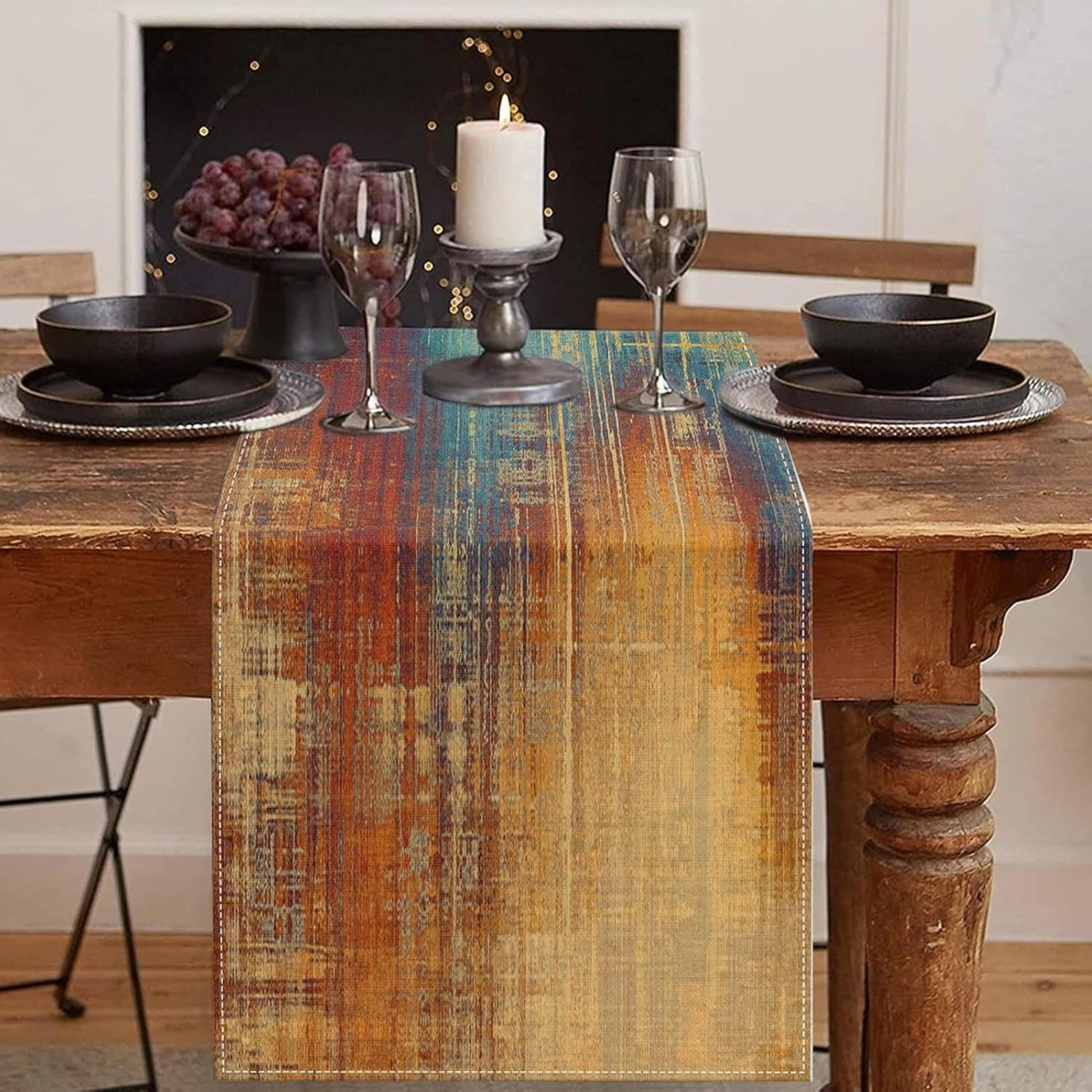 vintage abstract blue & orange linen table runner for kitchen & dining decor