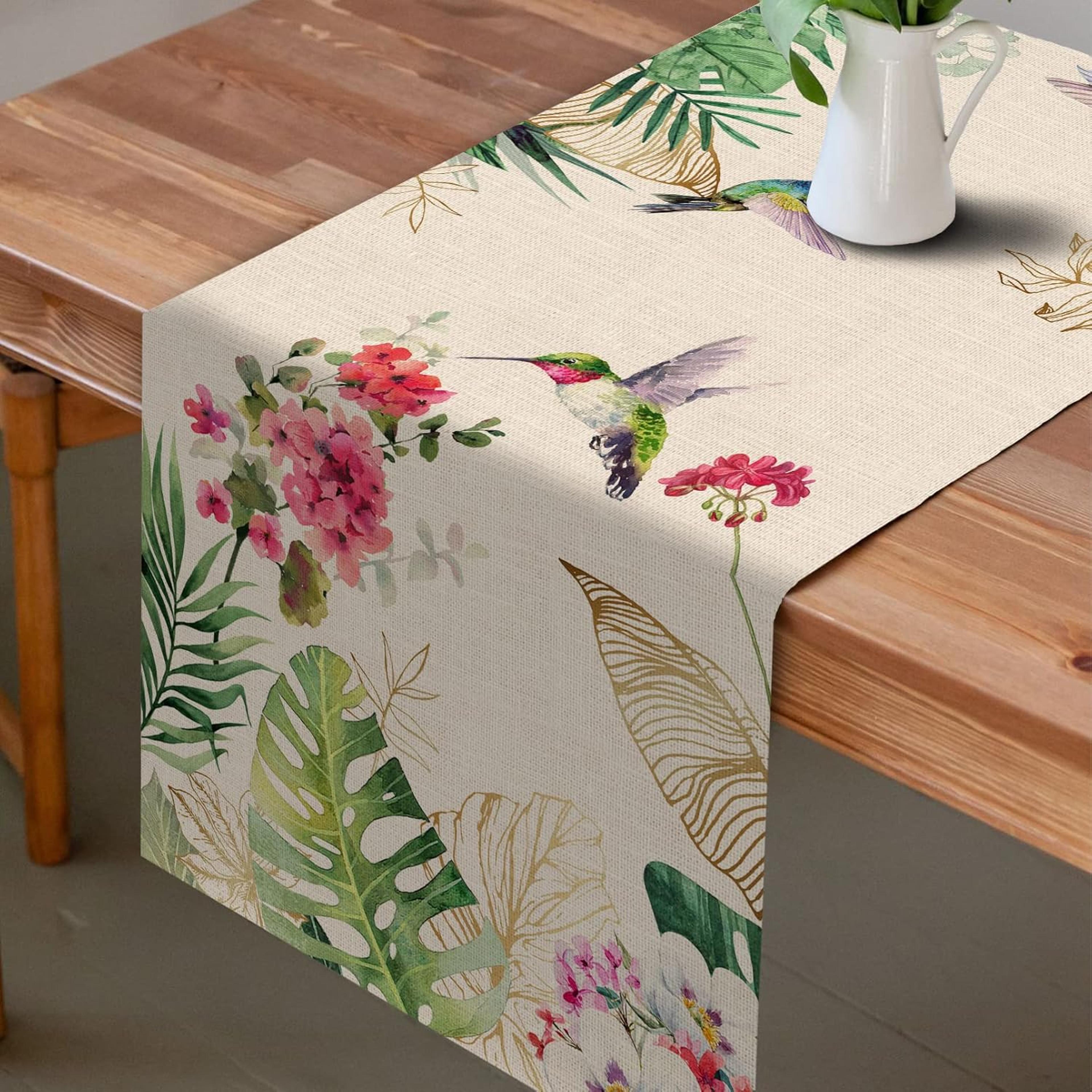 tropical hummingbird palm leaf linen table runner summer party decor