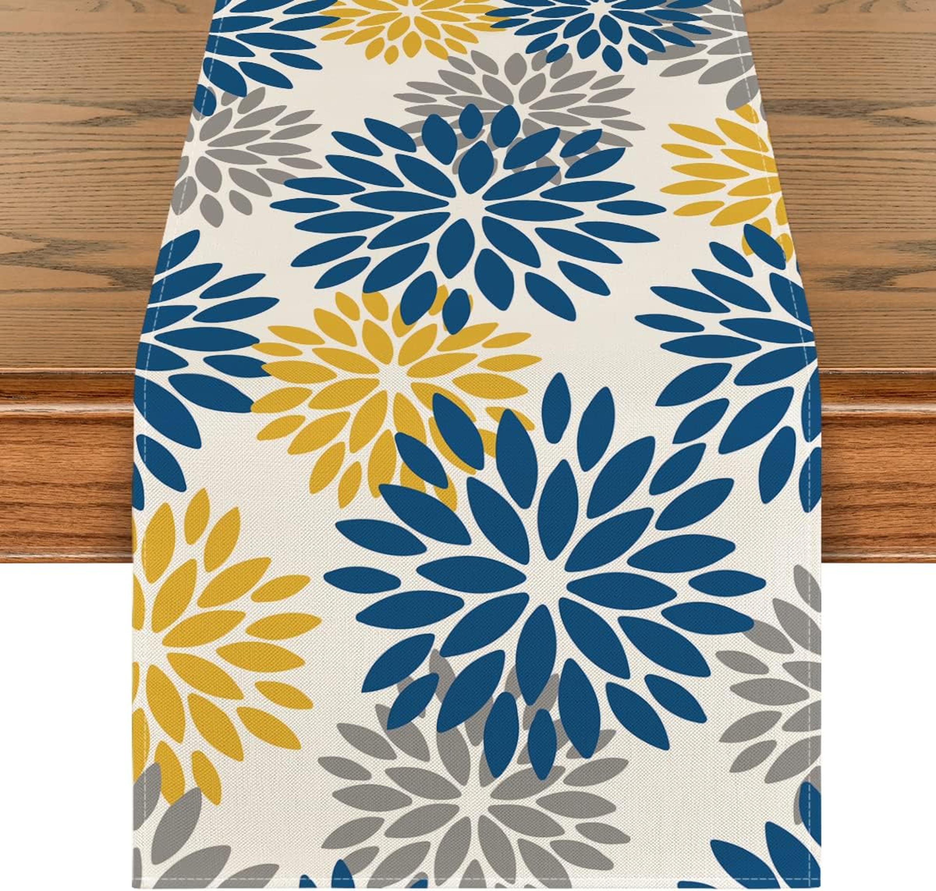blue dahlia elegant linen floral table runner seasonal dining & wedding decor