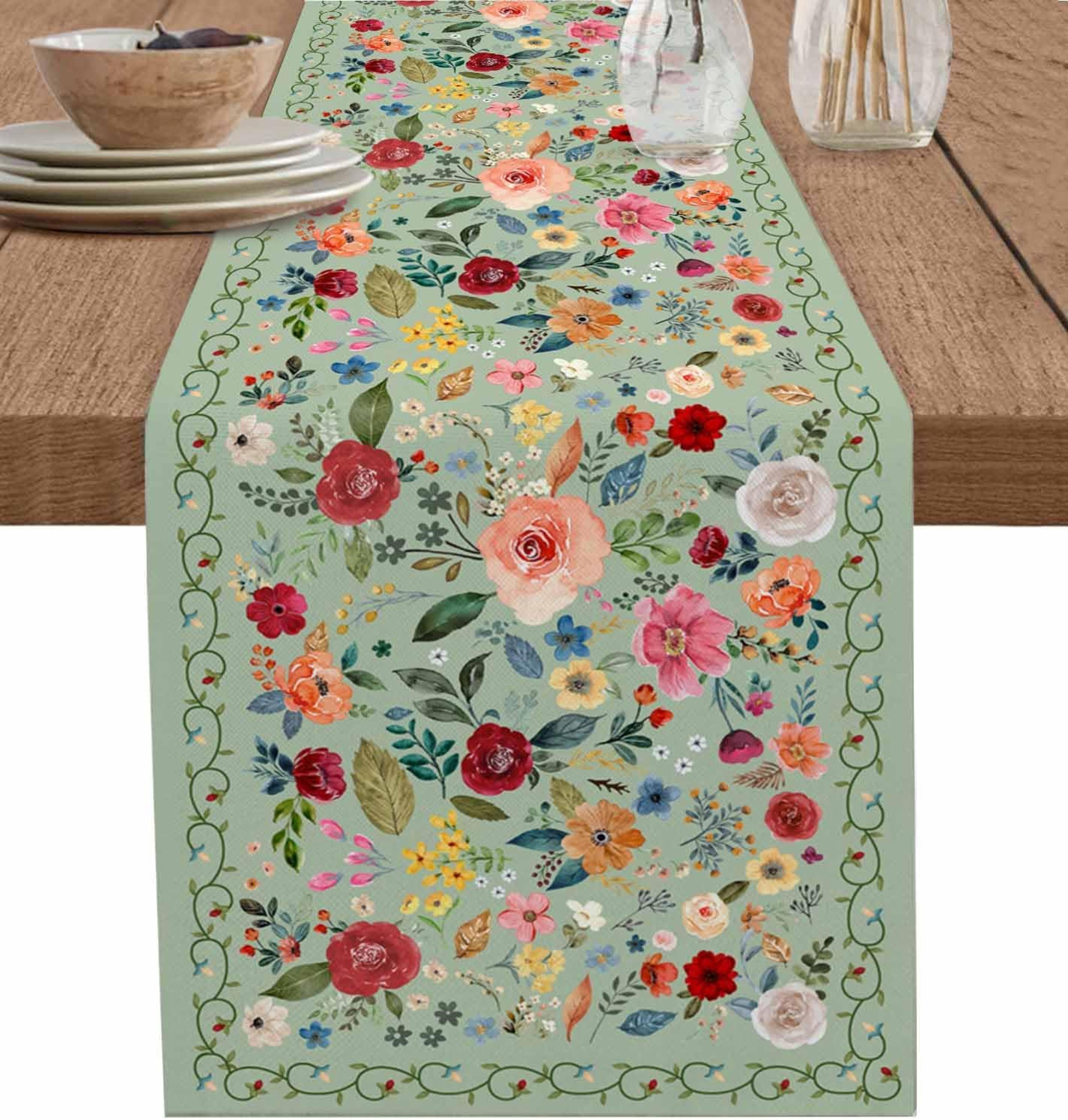 spring vintage floral green linen table runner for weddings & home