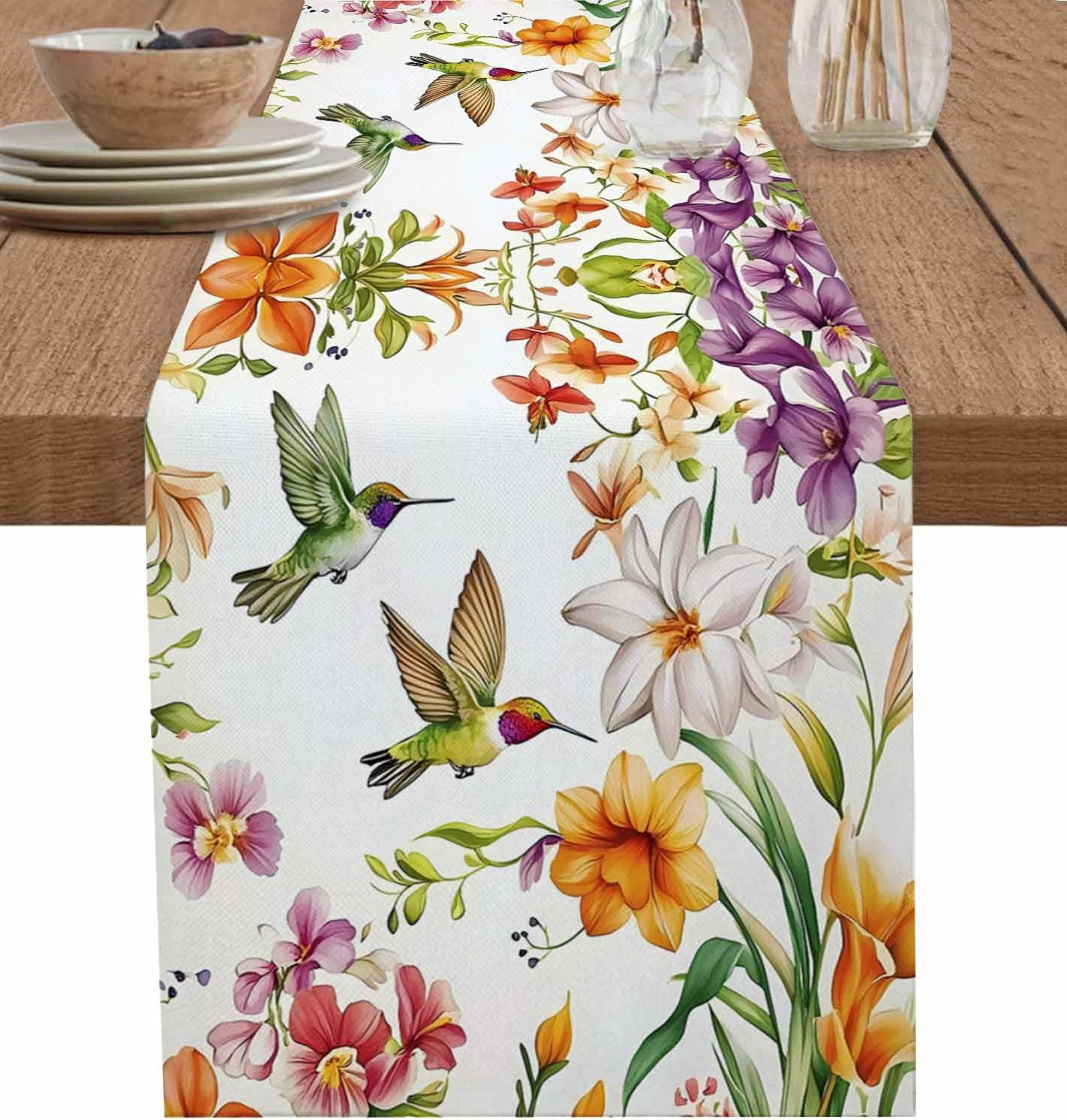 elegant linen table runner with green hummingbirds & watercolor floral print stylish wedding table runner