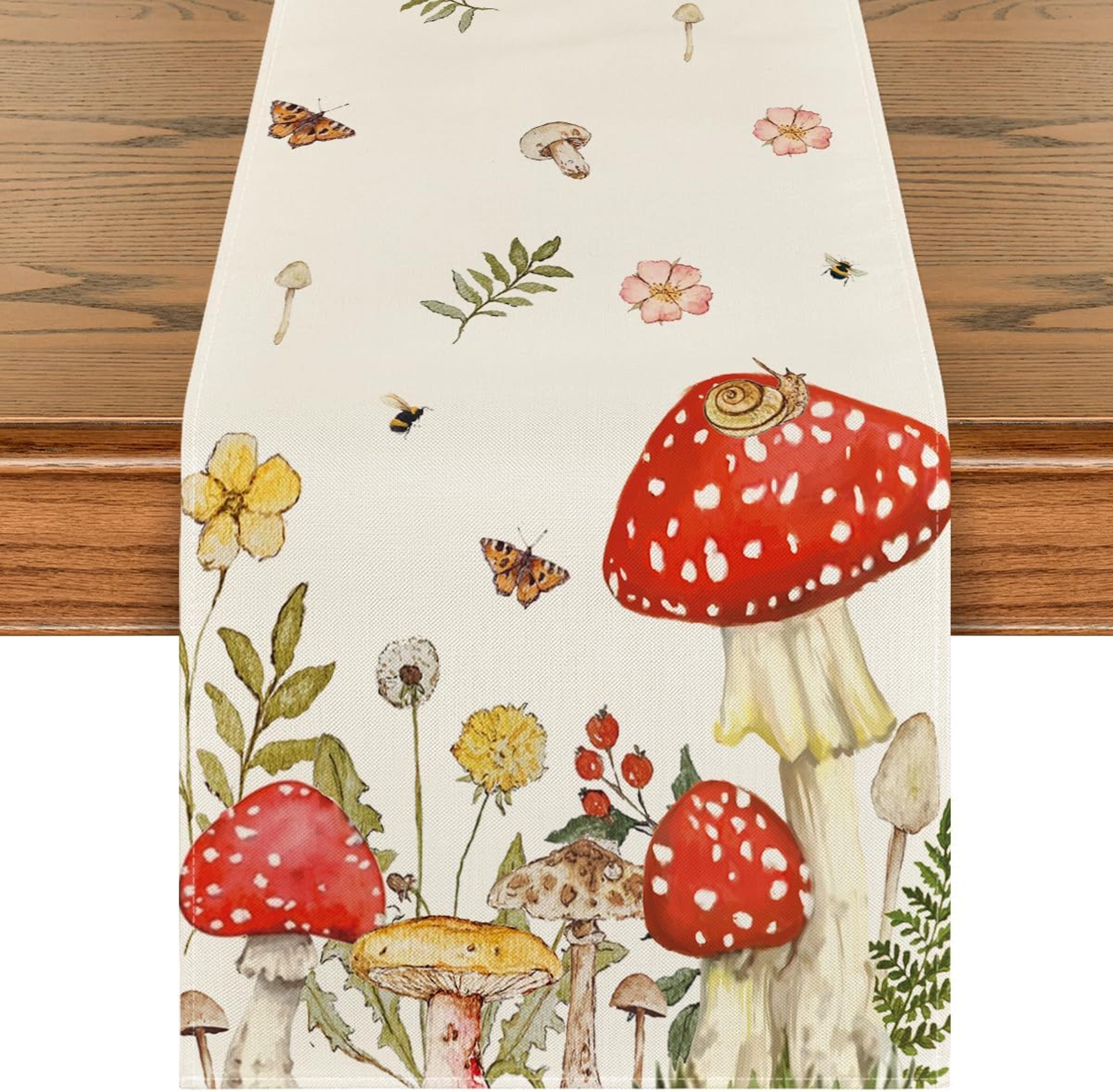 spring mushroom & butterfly linen table runner farmhouse wedding & kitchen decor
